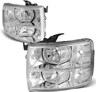 Auto Dynasty Factory Style Halogen Headlights Assembly Compatible with Chevy Silverado 1500 2500HD 3500 GMT900 2007-2014, Driver and Passenger Side, Chrome Housing Clear Corner