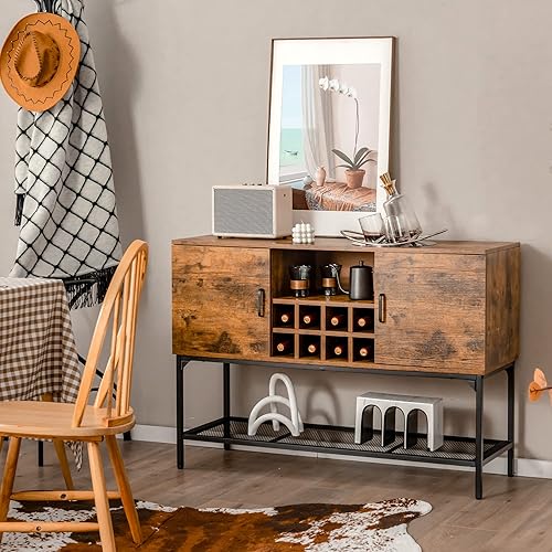 Miniatura 4 de LOKO Gabinete de buffet industrial con almacenamiento, gabinete de vino de cocina para el hogar con estante para 8 botellas y estante de malla