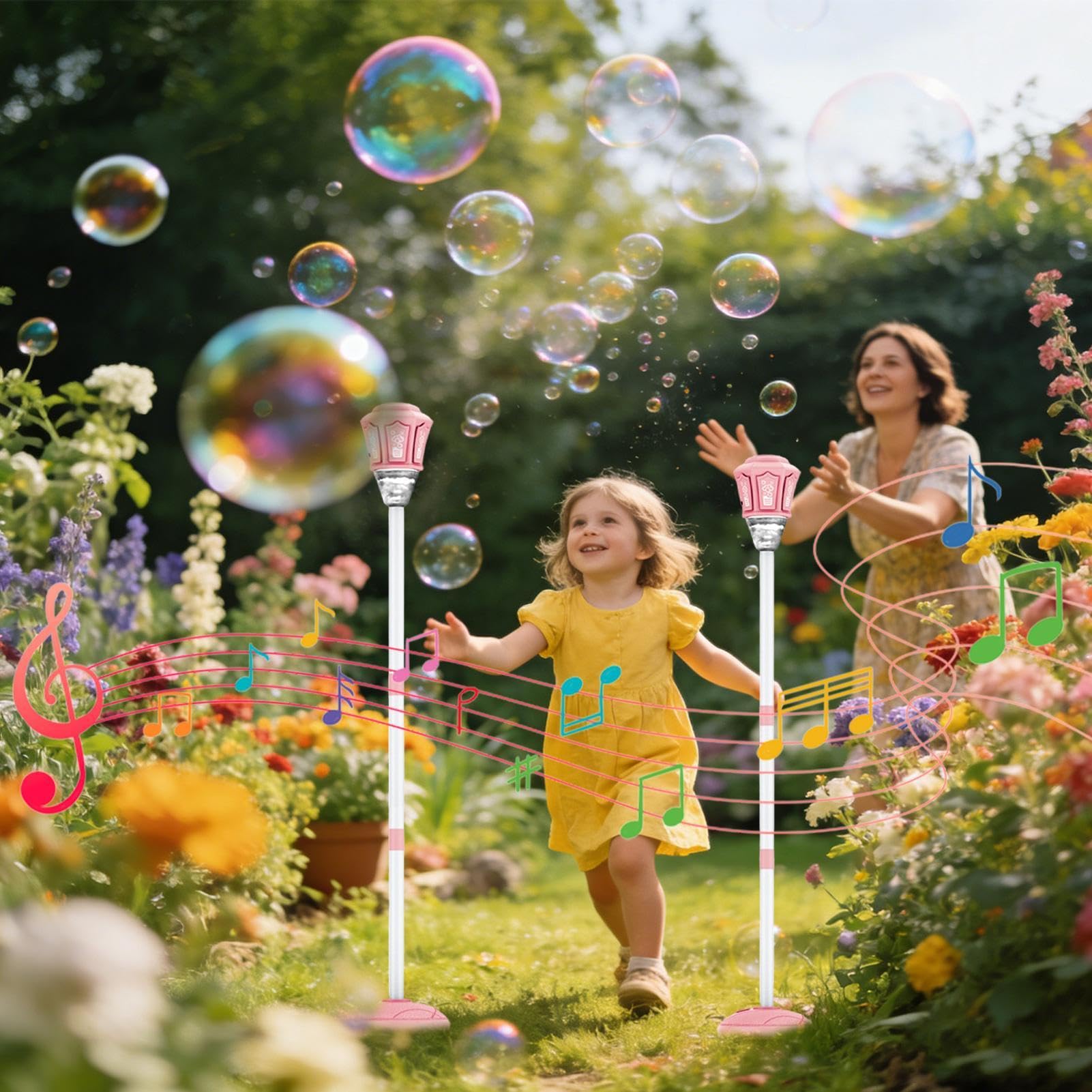 Macchina delle Bolle in Piedi Giocattolo da Esterno con e Musica | Altezza Regolabile 53-119 Cm Generatore Di Bolle Per Feste All'Aperto Giochi Estivi Prato Matrimonio Giardino e