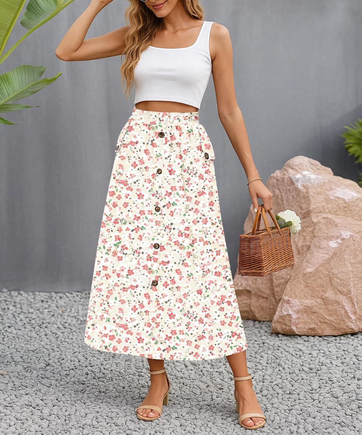 Women Elastic High Waisted A-Line Midi Skirt Button Front Flowy Long Skirts Casual with Pockets - Image 2
