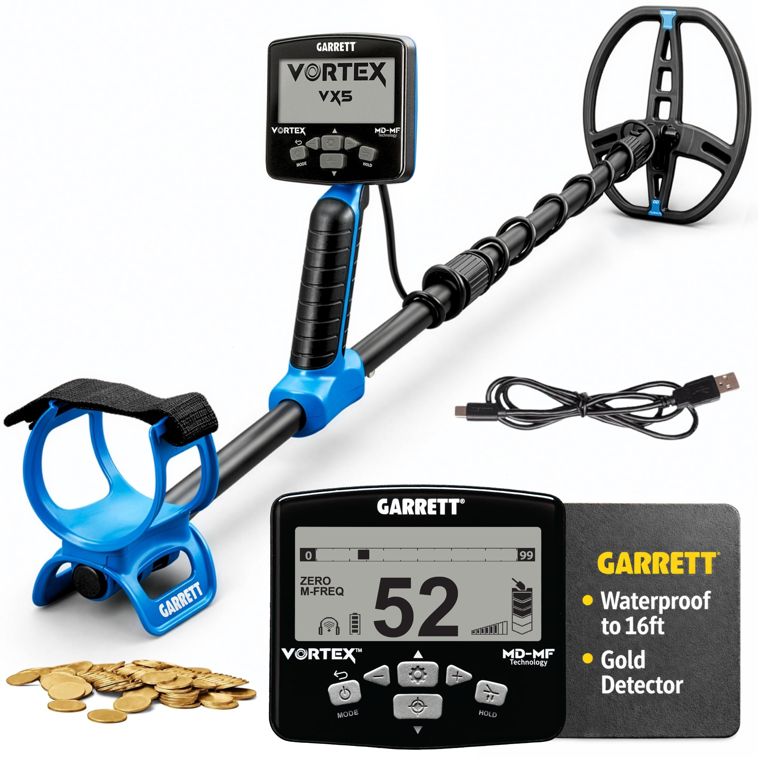 Garrett Metal Detectors Vortex VX5 - Fabricado en los Estados Unidos - Detector de metales profesional para adultos - Resistente al agua hasta 16 pies, bobina de búsqueda de 8.5 x 11 pulgadas, ligera