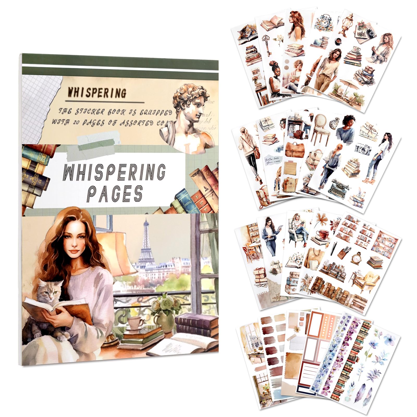 AVECMOI Reading Themed Journaling Stickers for Women, Paper & PET Aesthetic Scrapbook Sticker Book with 225 Images for Junk Journal, Planner and Collage