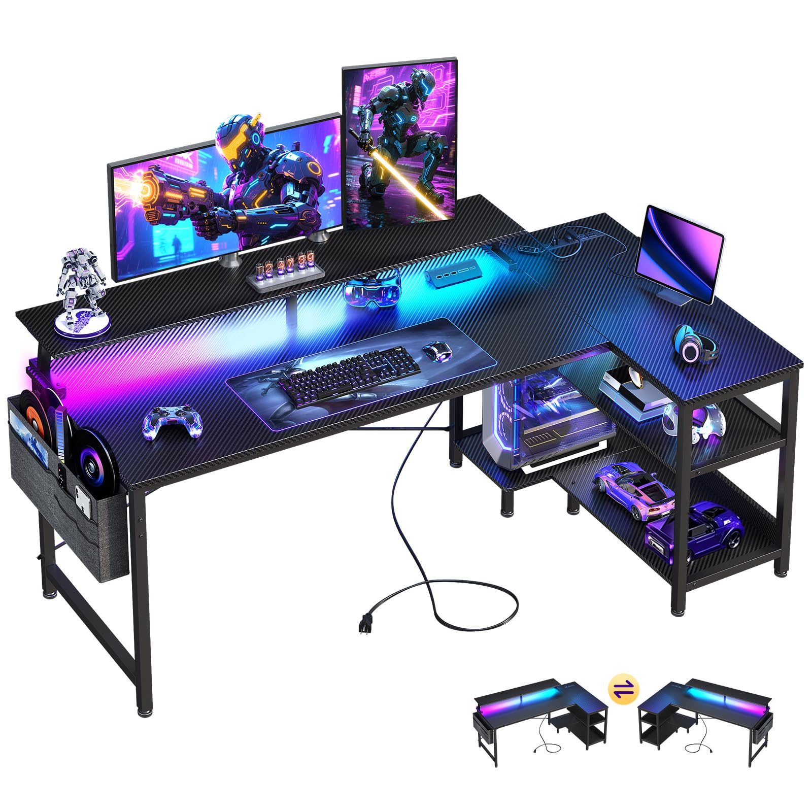 ODK 58 Inch Gaming Desk with USB Charging Ports and LED Lights, Reversible L Shaped Computer Desk with Storage Shelves & Monitor Stand, Corner Gamer