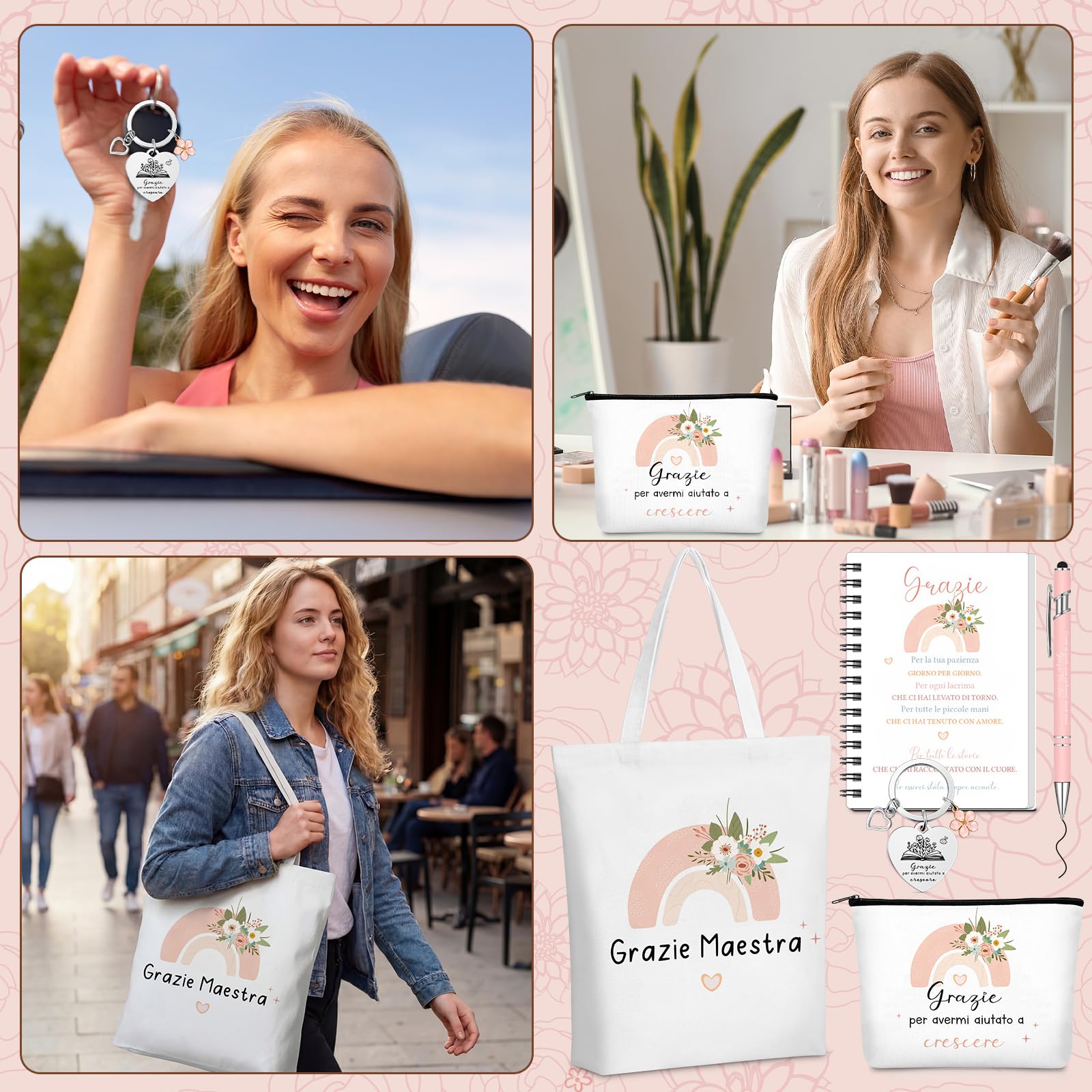 Hestya 5 Pezzi Regalo Maestre Fine Anno Grazie Maestra Borsa Tote per Insegnanti Borsa Comestic Portachiavi Penna a Sfera Taccuini Tascabili Regali Ringraziamento per Insegnante Laurea Compleanno