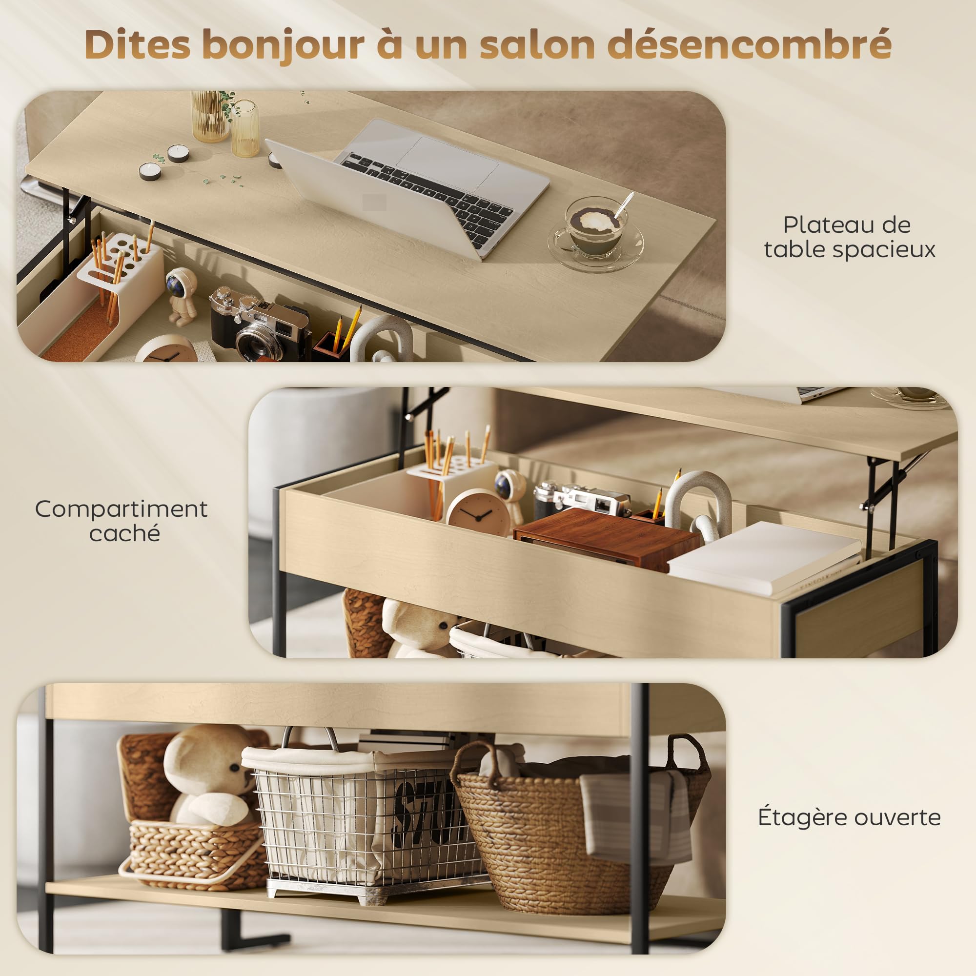 HOMCOM Table Basse avec Plateau relevable, Table de Salon Industrielle avec Compartiment caché et étagère Ouverte, Pieds renforcés en L Stable, pour Salon, Bureau, 95 x 40 x 59 cm, Effet Bois Naturel