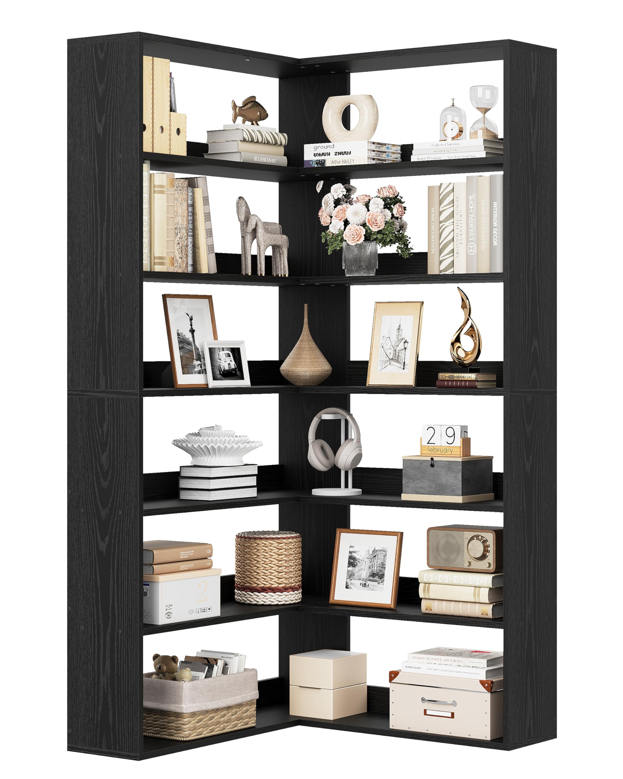 IRONCK 180cm Eckregal stehend Bücherregal 6 Ebenen, L-förmiger Eckschrank Hochschrank Bücherschrank Eckvitrine, offenes Regal Holz, Aufbewahrungsregal für Wohnzimmer Küche, 90x90x180cm (Schwarz)