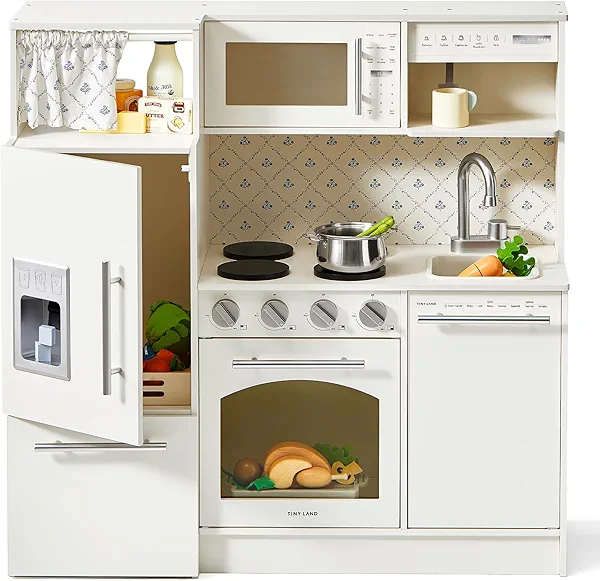 Tiny Land Play Kitchen for Kids, Upgraded Wooden Kitchen Toy with Complete Play Areas, Pretend Cooking Set with Sink, Stove, Microwave, Toy Coffee Station & Storage for Kids Ages 3+ White