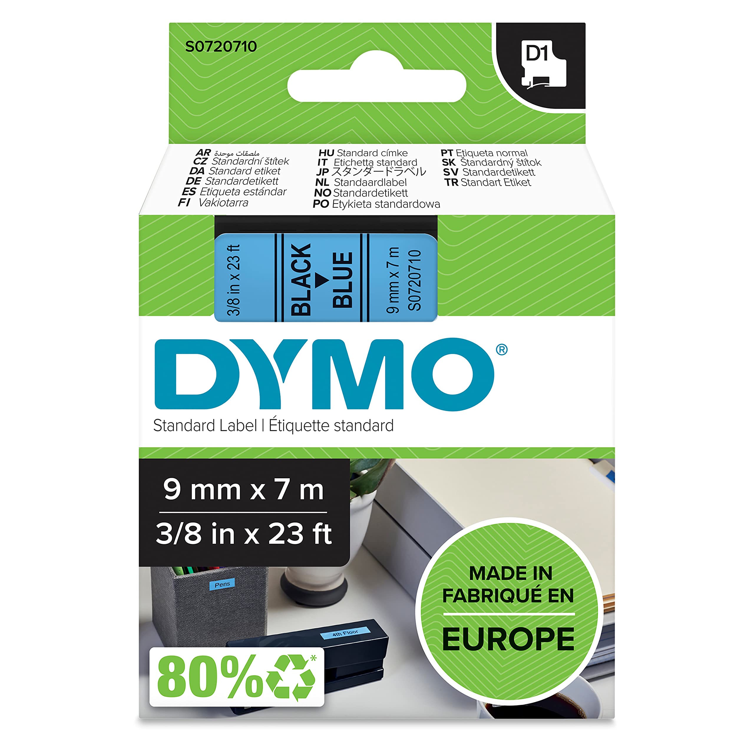 Dymo D1 Standard Black On Blue 9Mm. Label Colour: Black On Blue Material: Polyes