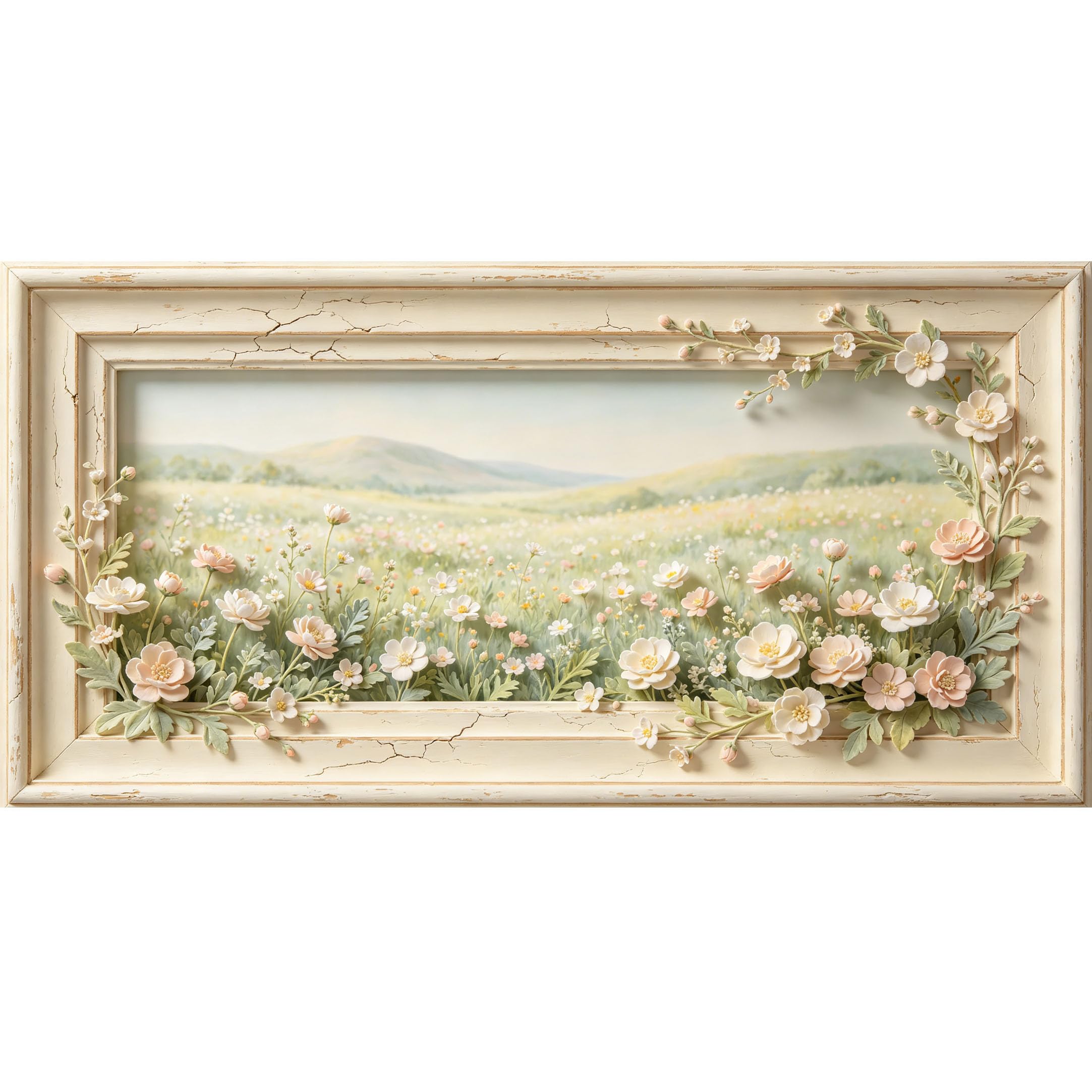Agglomerix 3D Framed Wall Art Wildflower Meadow Landscape Botanical Relief Effect Cream White Farmhouse Large Size SelfAdhesive Removable Wall Decor Prints Artwork for Living Room Bedroom Office