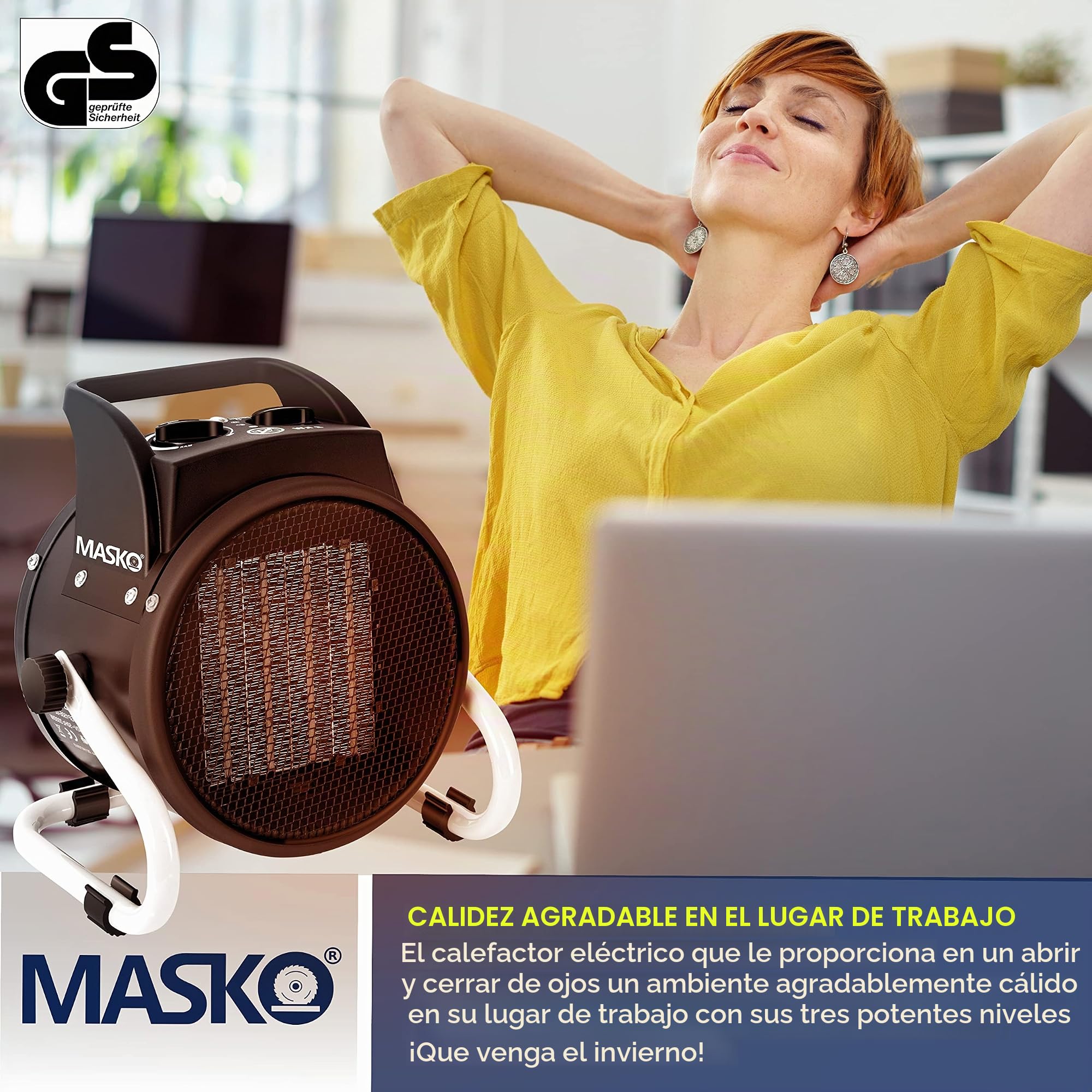 Masko Calefactor cerámico, 3 kW/3000 W, termostato, 3 niveles de calor, interior-exterior