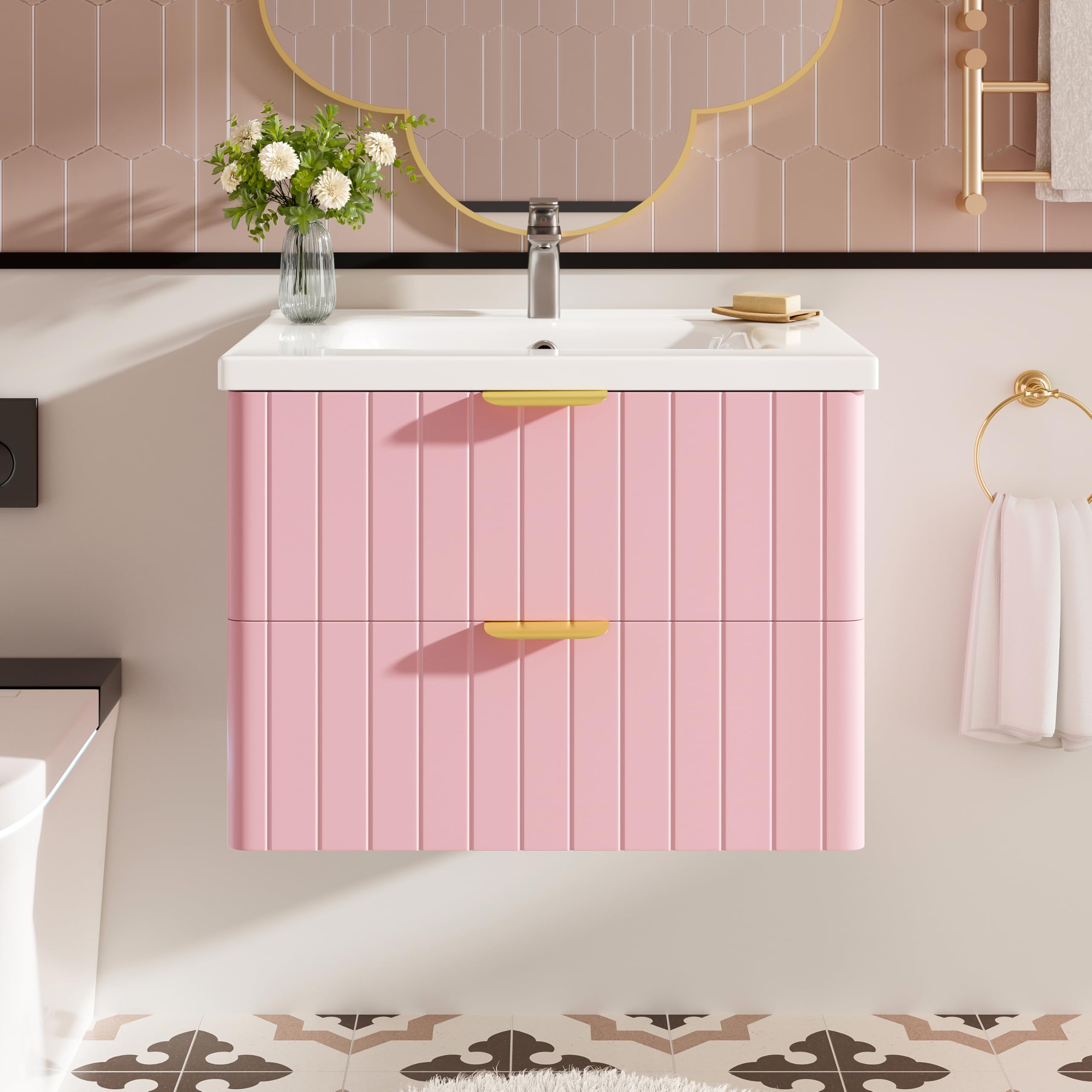 Armario colgante para lavabo individual, 50 x 60 cm, con lavabo, doble almacenamiento, tablero DM resistente a la humedad, color rosa y blanco