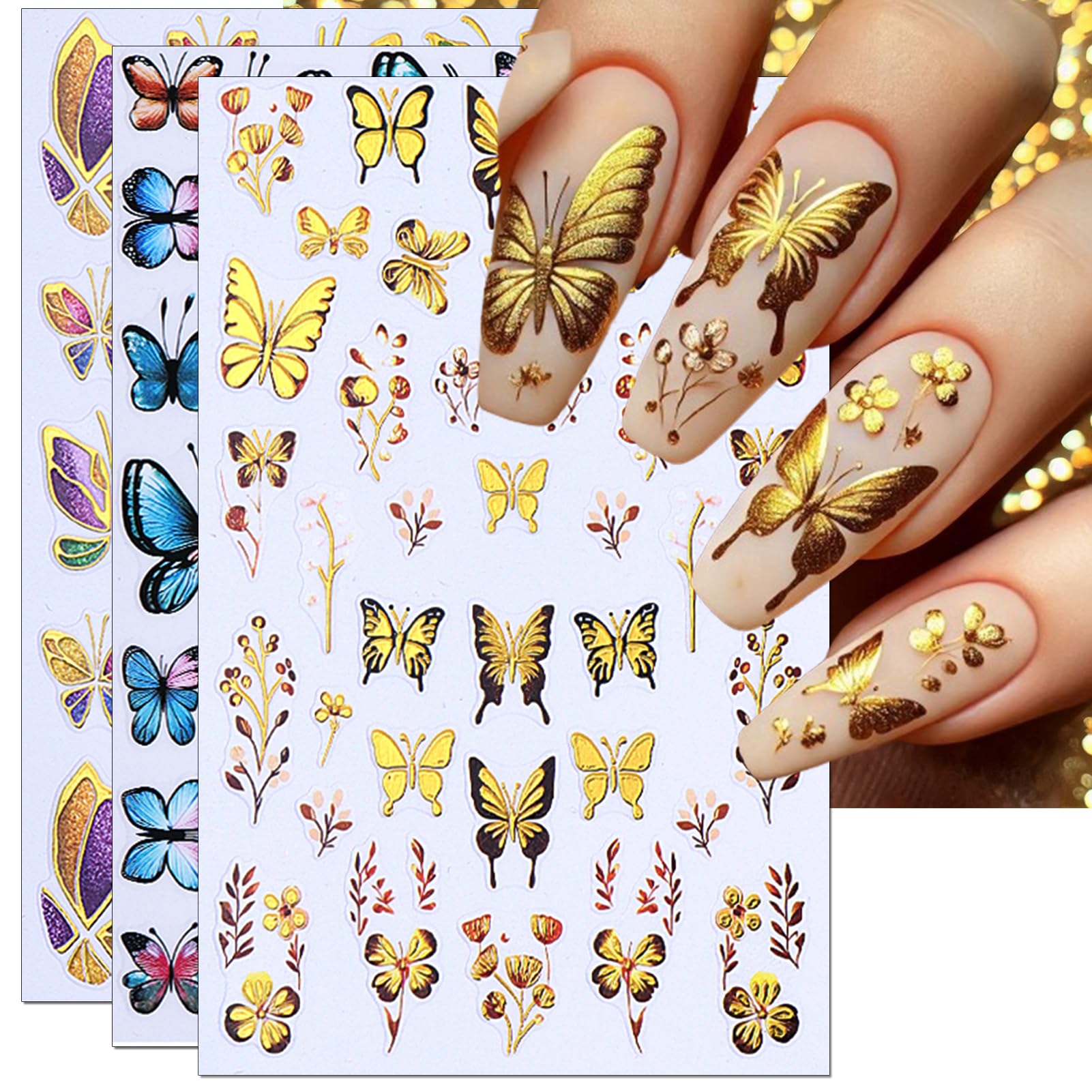 IDDFEVE 6 Sheets Glitter Butterflies Nail Art Stickers - Gold Blue Butterflies Wing Self-Adhesive Nail Decal for DIY Spring Summer Flower Manicure