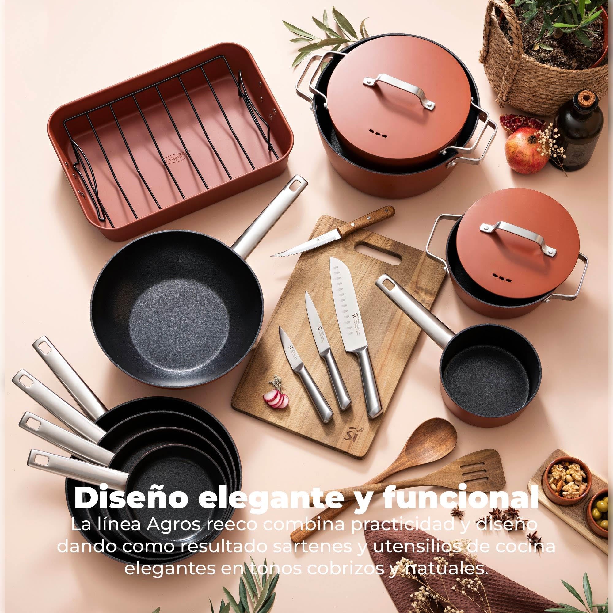 San Ignacio AGROS Pack cocina 4 Pzs - Plancha asador 34x26cm, Sartén Ø30cm, Grill cuadrado 24cm y Set 3 Utensilios de madera de acacia