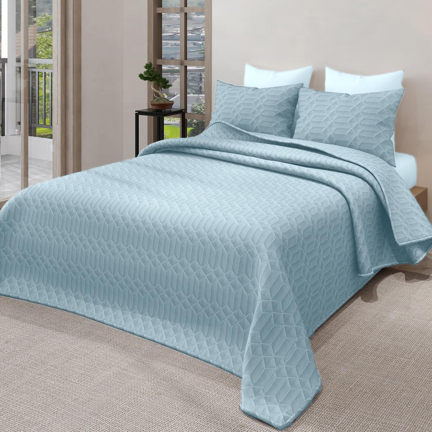 LABHAM® Azure King Size Bedcover Set - 300GSM Ultra Sonic Quilted, (90"x108") Super Soft, Durable, Easy Care, Bedspread with 2 Pillow Covers & Storage Bag (Sky Blue)-image-48