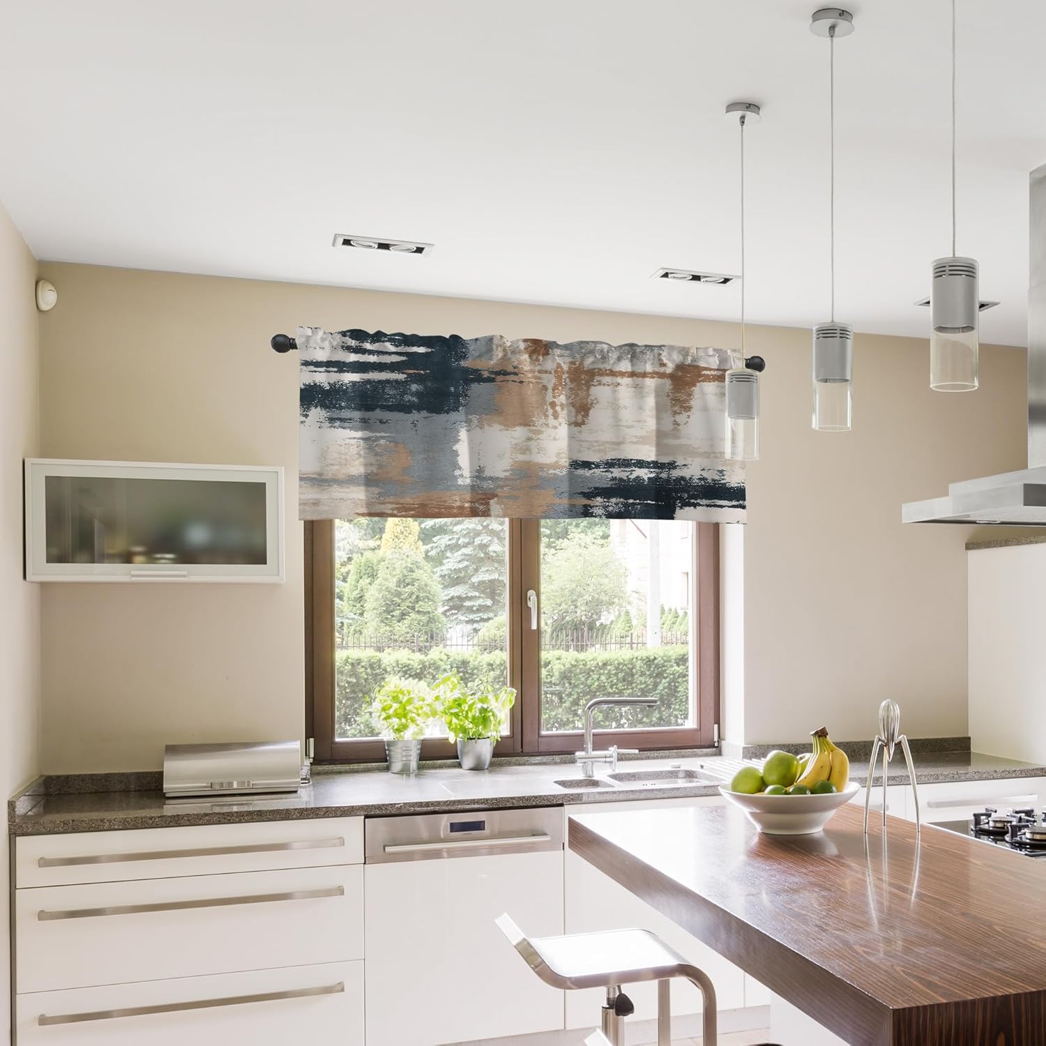 Valances Curtains for Windows,Beige and Gray Abstract Art Semi Sheer Curtain Valances,Rod Pocket Short Window Treatment Light Filtering Decor Valances for Kitchen Living Room Bedroom Windows - 42"x18" - Image 5