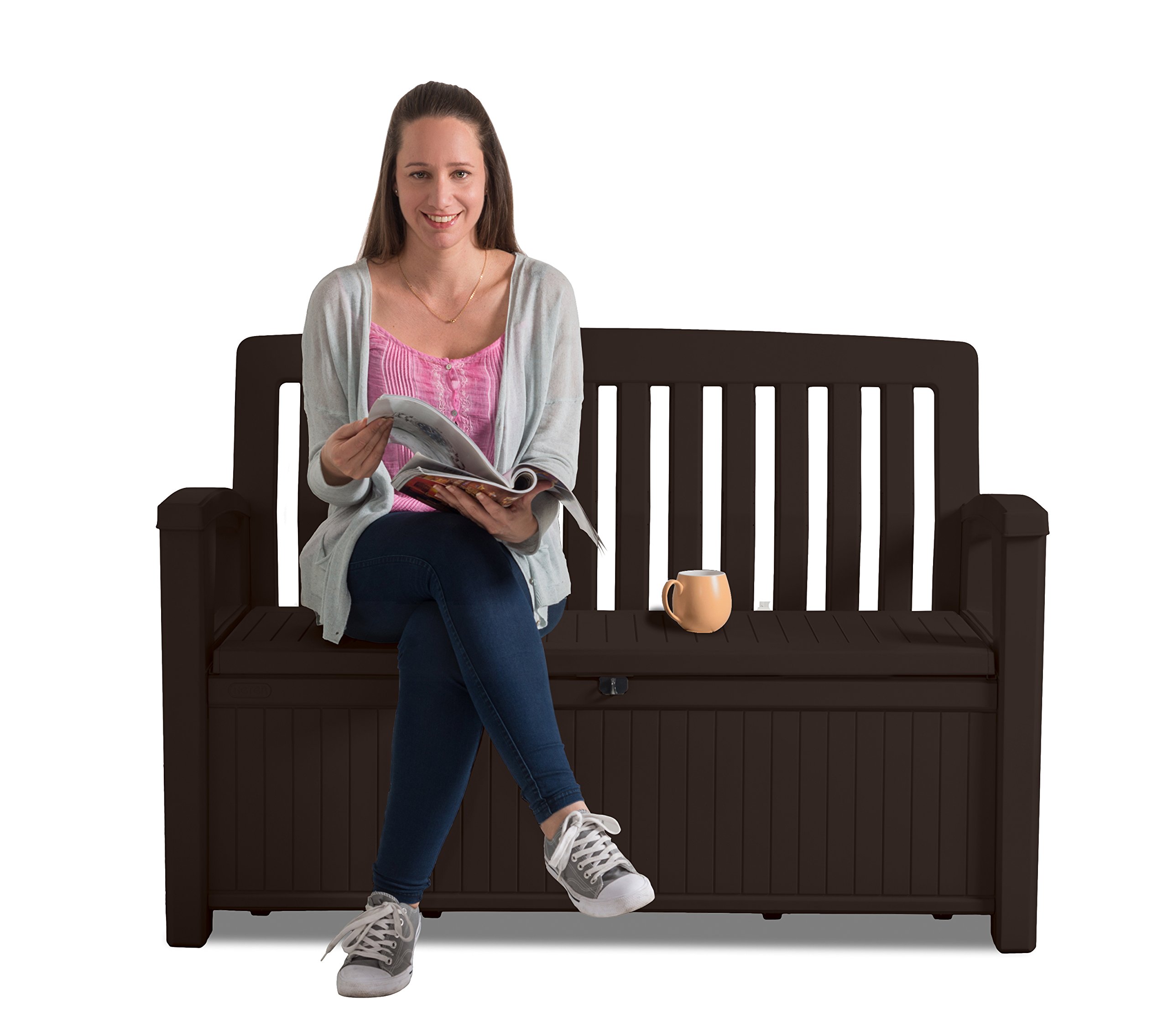 Keter Kissenbox, regenfest, Gartenkissenbox Patio Bank, Espresso braun, 138,6 x 63,5 x 88 cm, 227 L, Kissenbox wetterfest