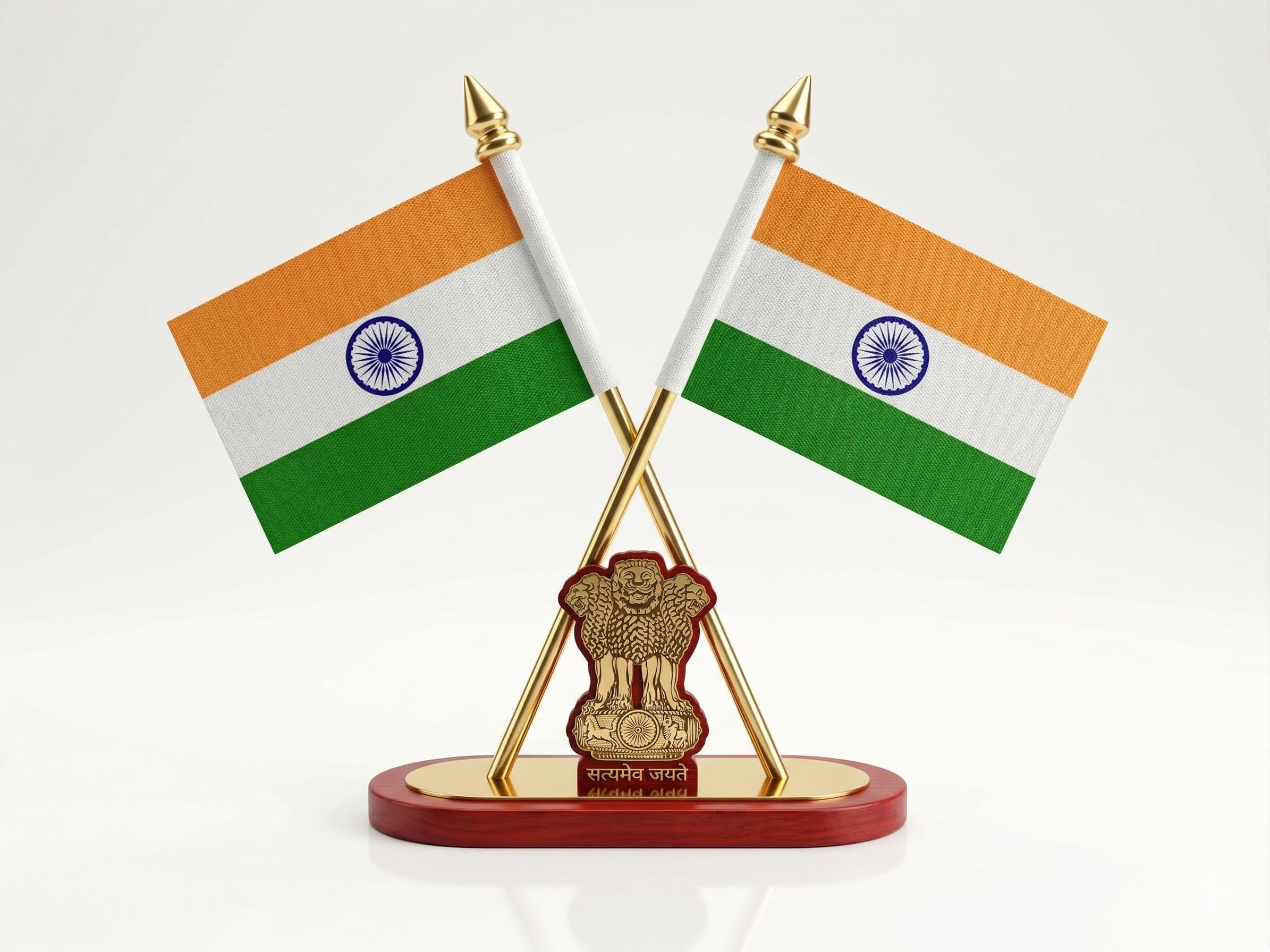 Unicorn Enterprises Indian Cross Flag Set for Car Dashboard & Office Table with Brass Gold Finished Poles, Wooden Base, and Ashoka Stambh Emblem-image-30