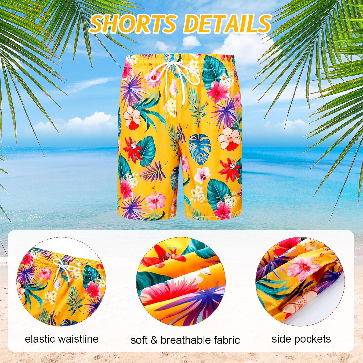 Harloon 4Pc Men's Hawaiian Shirt and Short Set Casual Button Down Flower Outfits with Bucket Hat Sunglasses Halloween Tourist - Image 5