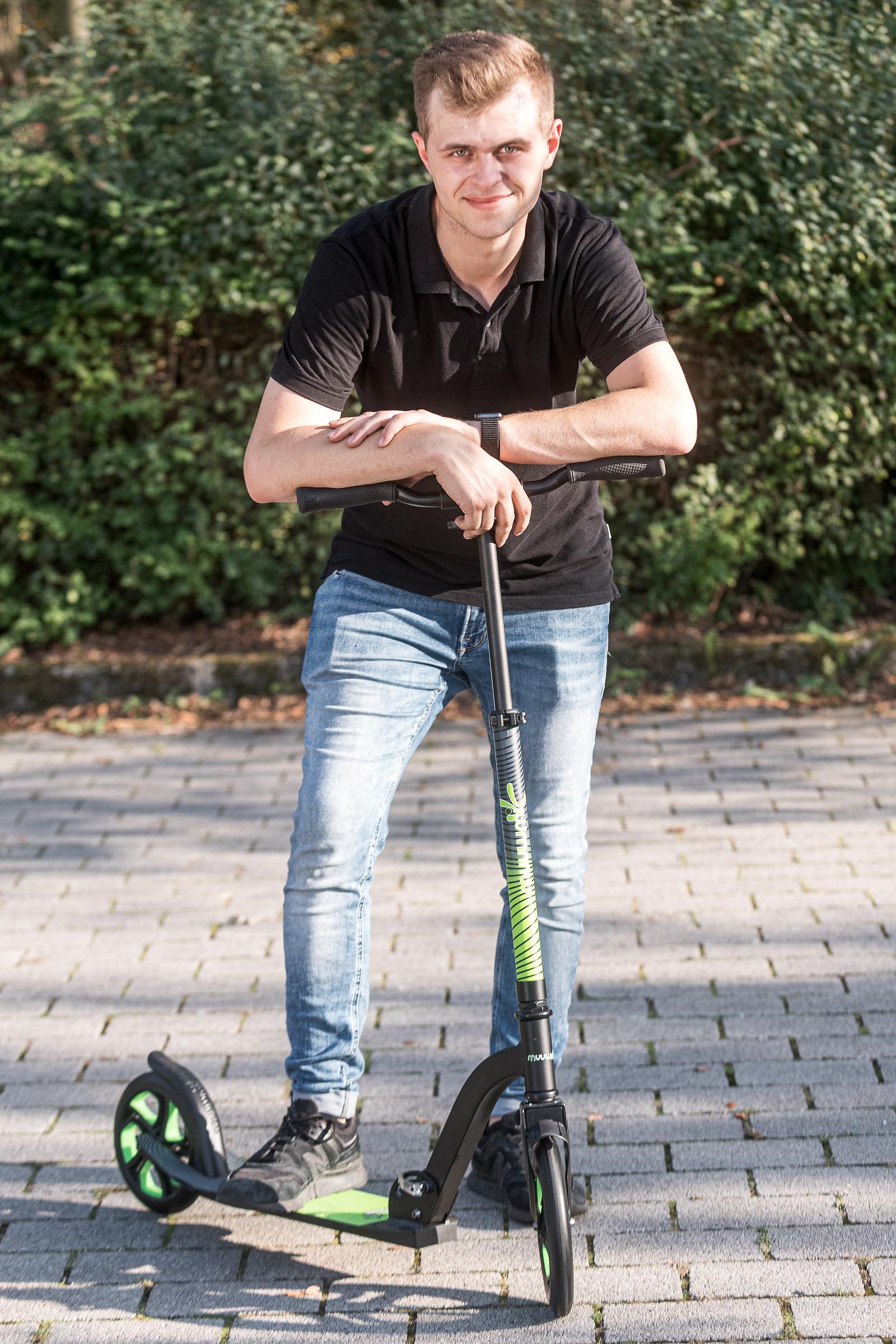 muuwmi Aluminium Scooter Pro – Tretroller, 230/205 mm, ABEC 7, GS-geprüft, höhenverstellbar, XL-Deck, BMX-Lenker