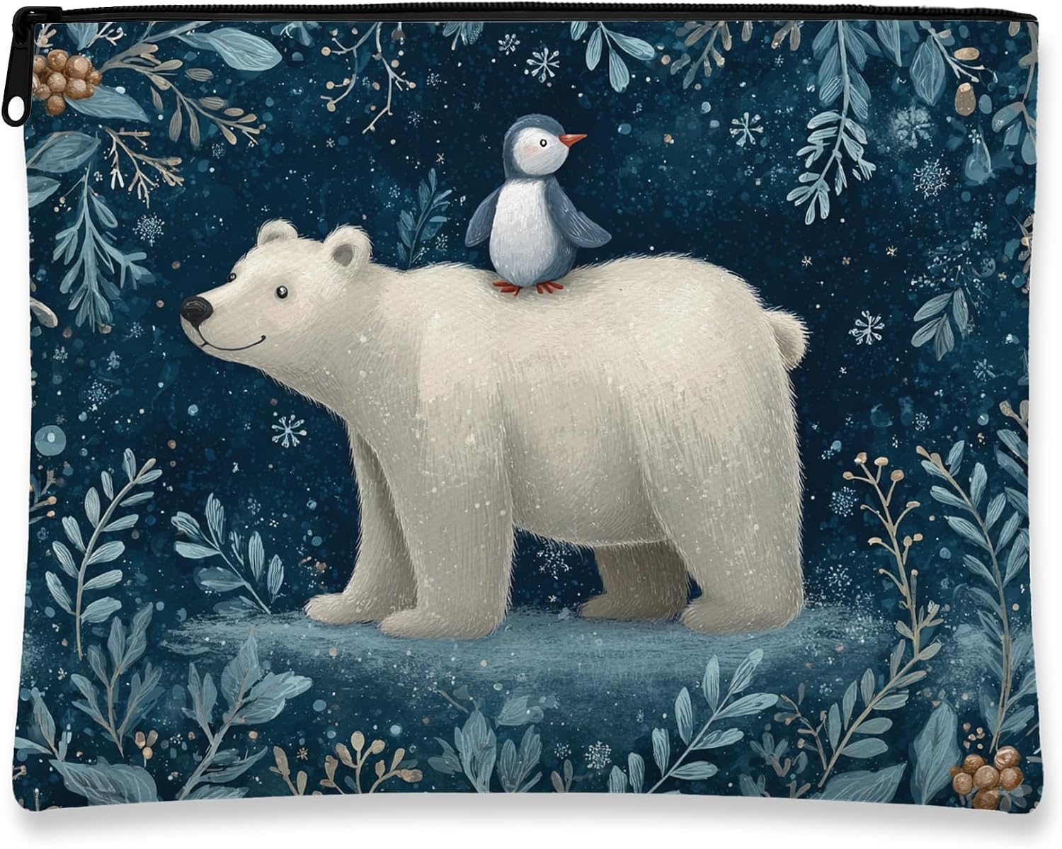 Fanciful Bear Makeup Bag, Cute Polar Bear Cosmetic Travel Pouch for Women, Portable Small Canvas Zipper Organizer, Winter Holiday Toiletry Bag 7x9 Inch