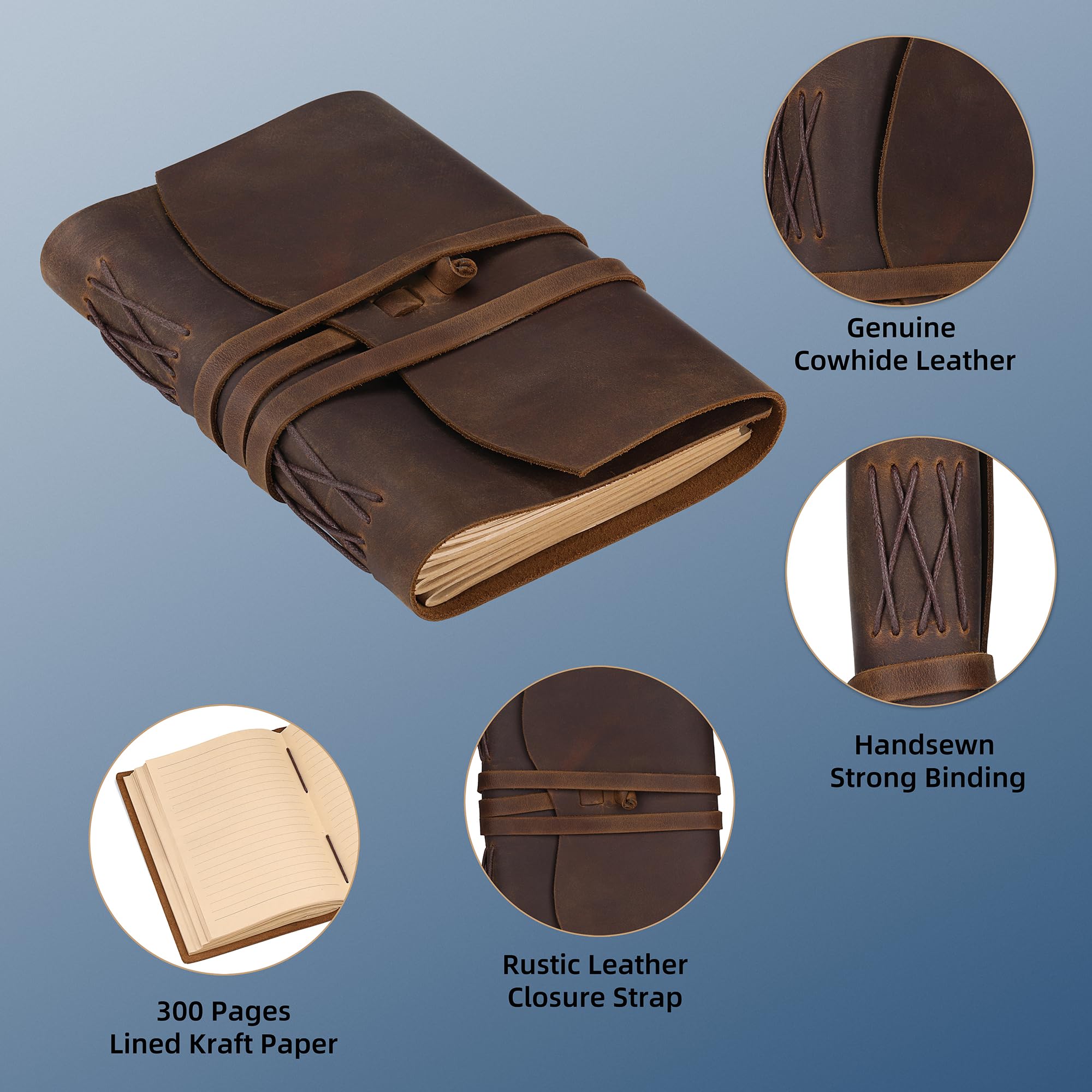 Carnet de notes en cuir véritable relié pour écrire – 300 pages lignées faites à la main – Format A5 – Carnet de notes quotidien pour homme et femme, voyage, marron (20,3 x 15,2 cm)