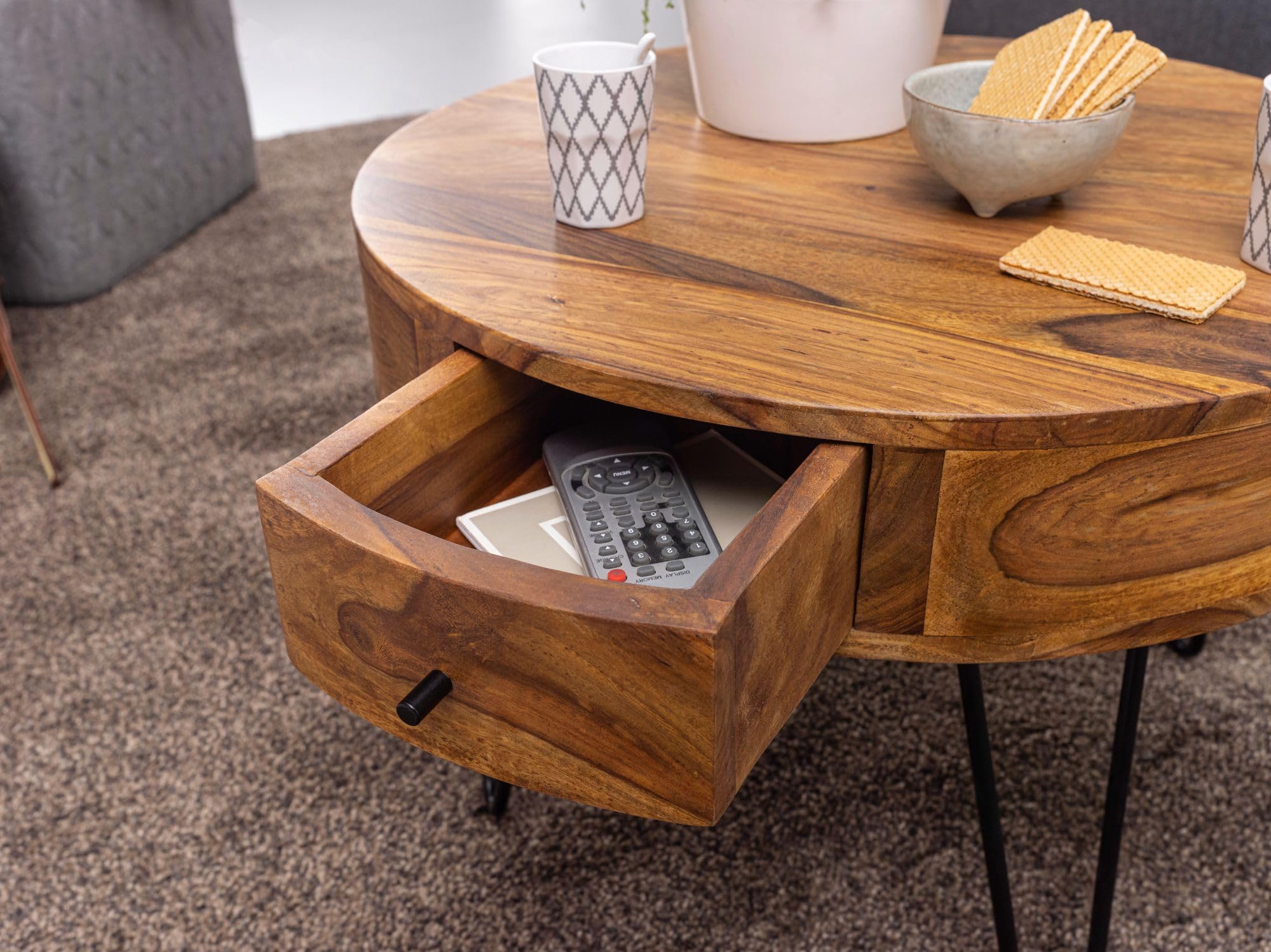 WOHNLING Laterale in Legno massello-Sheesham 60 x 35 cm Design Tavolo Salotto tavolino Marrone Scuro Stile Country