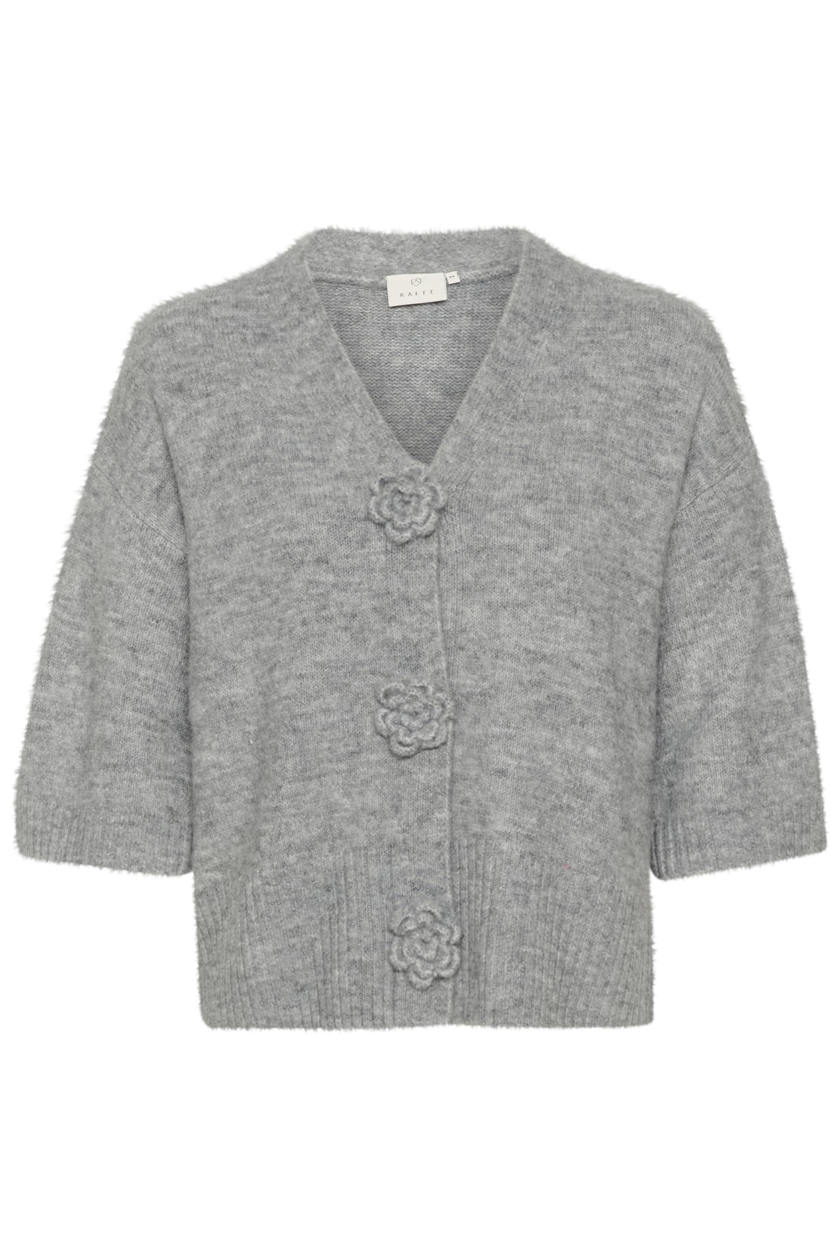 Kaffe Women's Grey Mix Cardigan V-Neck Floral Buttons 3/4 Sleeves Regular Fit Hip Length, S