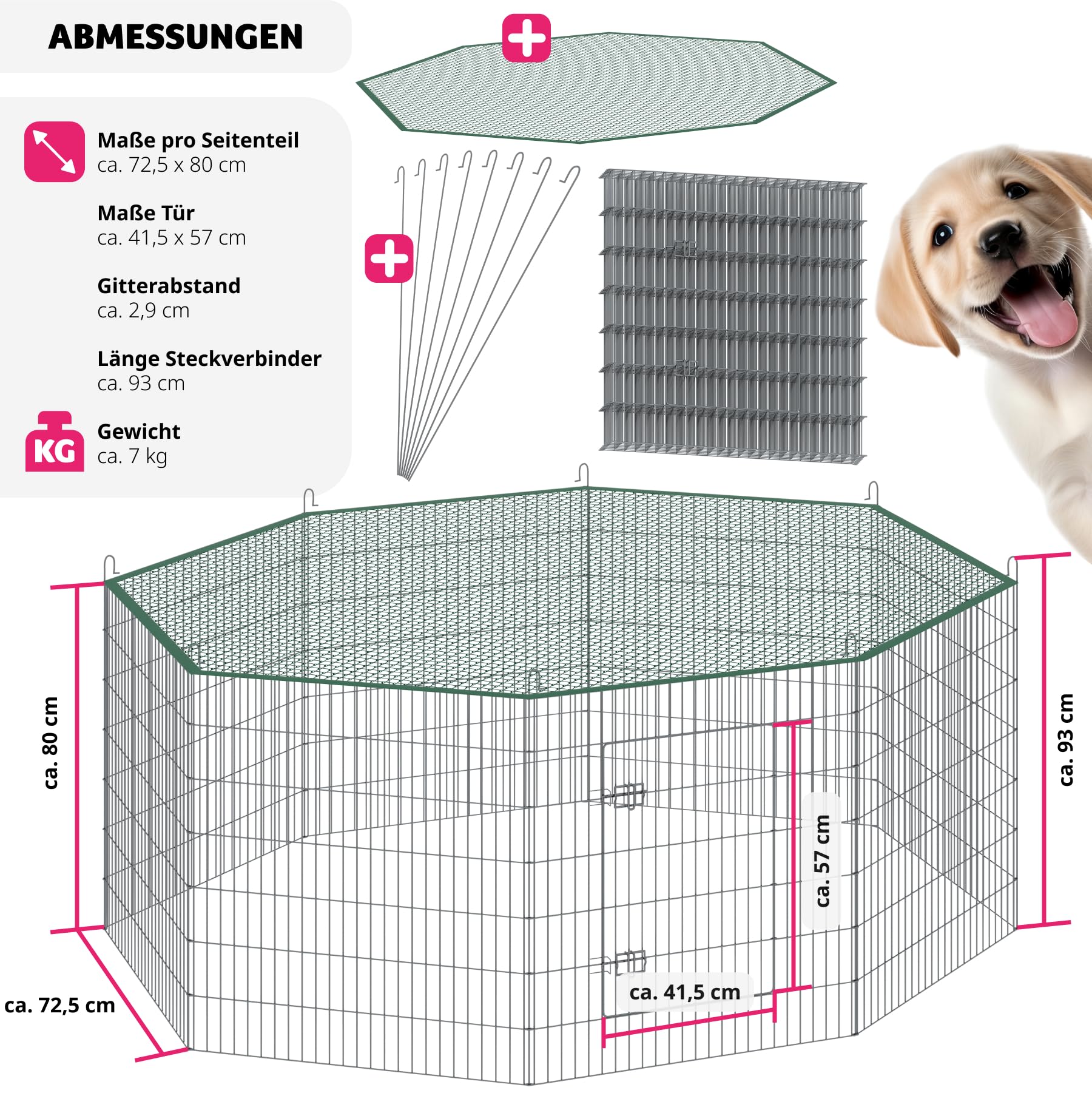 tectake® Freilaufgehege mit Sicherheitsnetz, Ø 204 cm, Welpenauslauf, Kleintierstall mit 8 Gitter, Kleintiergehege für Innen und Außen, Tierlaufstall mit Tür, Ideal für Kaninchen und Meerschweinchen