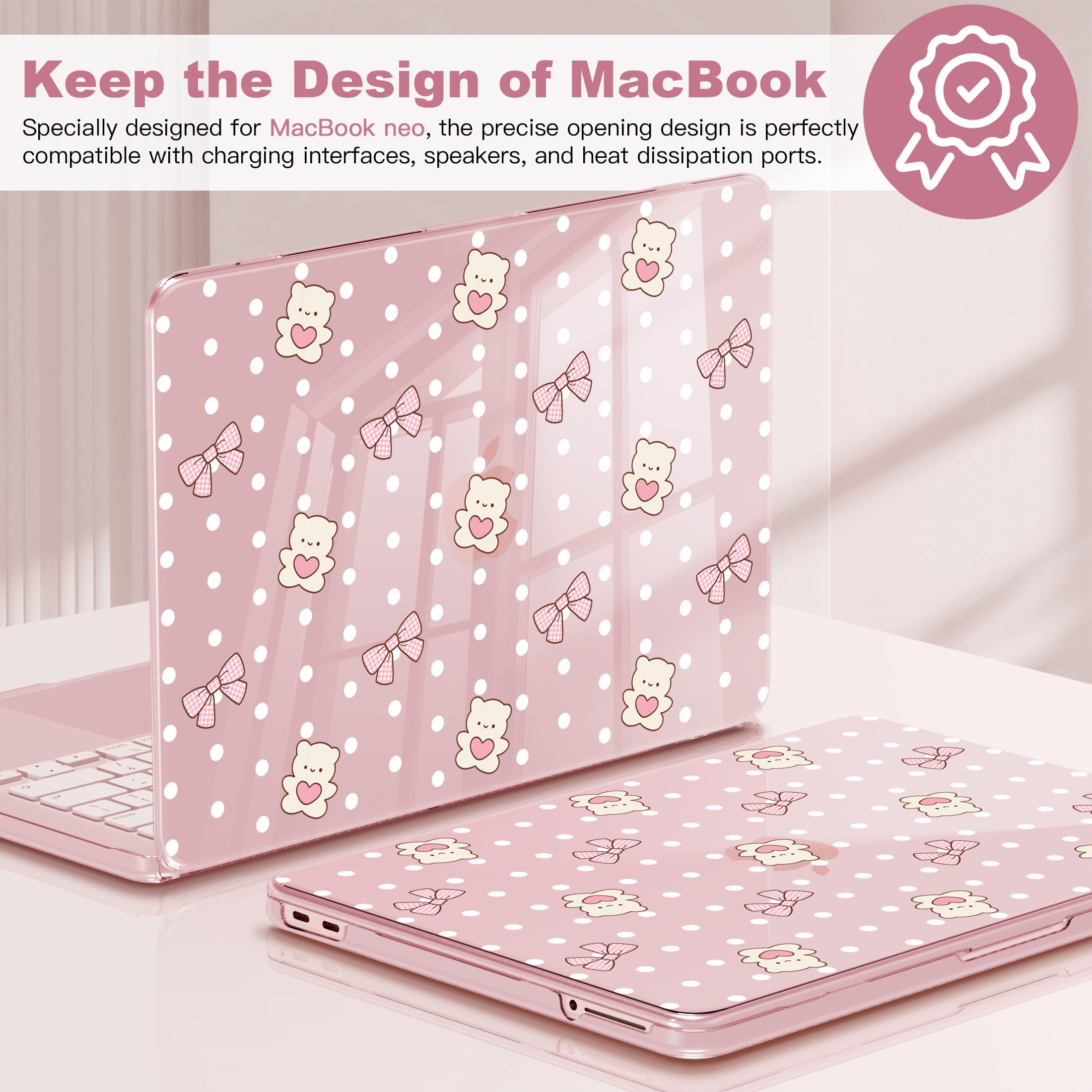 CISSOOK Coque de protection en plastique rigide pour MacBook Neo 13" A3404 avec protecteur de clavier, protecteur d'écran et adaptateur USB C Motif cœur et pois Rose