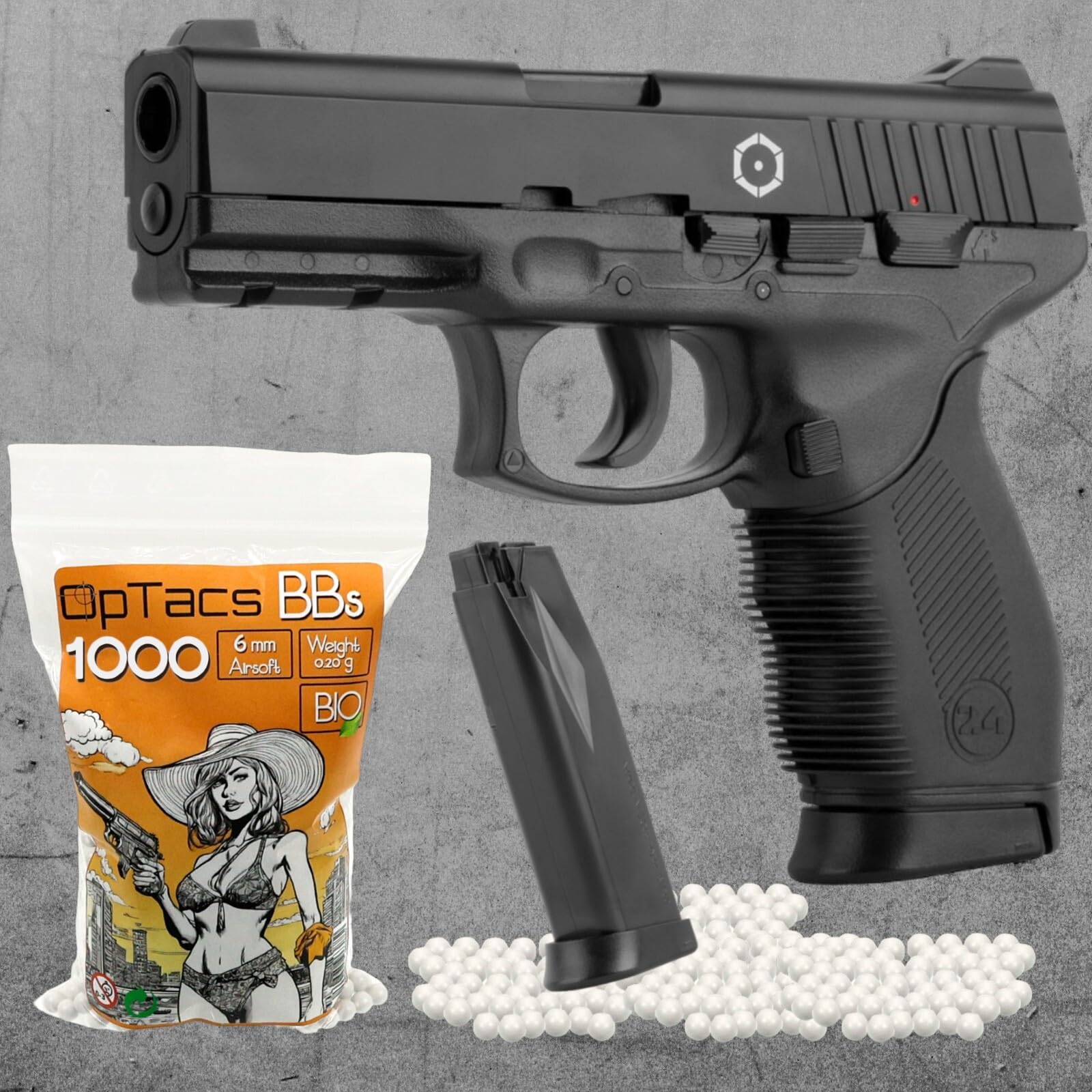 Set Airsoft Pistole Cybergun PT 24/7 Federdruck Softair 0,5 Joule 6 mm inkl. 1.000 Premium Bio BB's 0,20g Munition