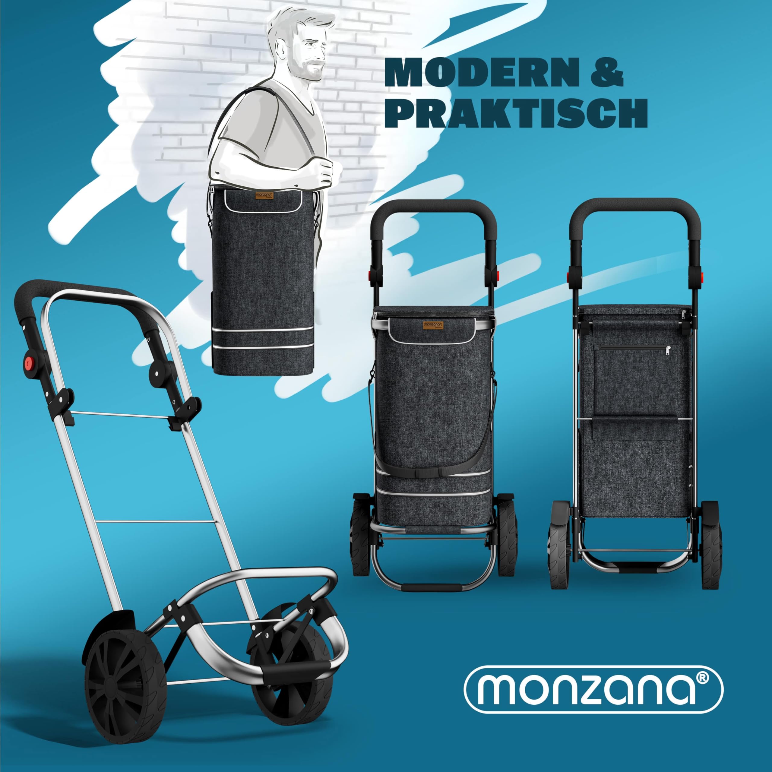 MONZANA® 3in1 Einkaufstrolley 56L bis 50 kg klappbar abnehmbare Tasche Handwagen Einkaufswagen Einkaufshilfe Roller Schwarz