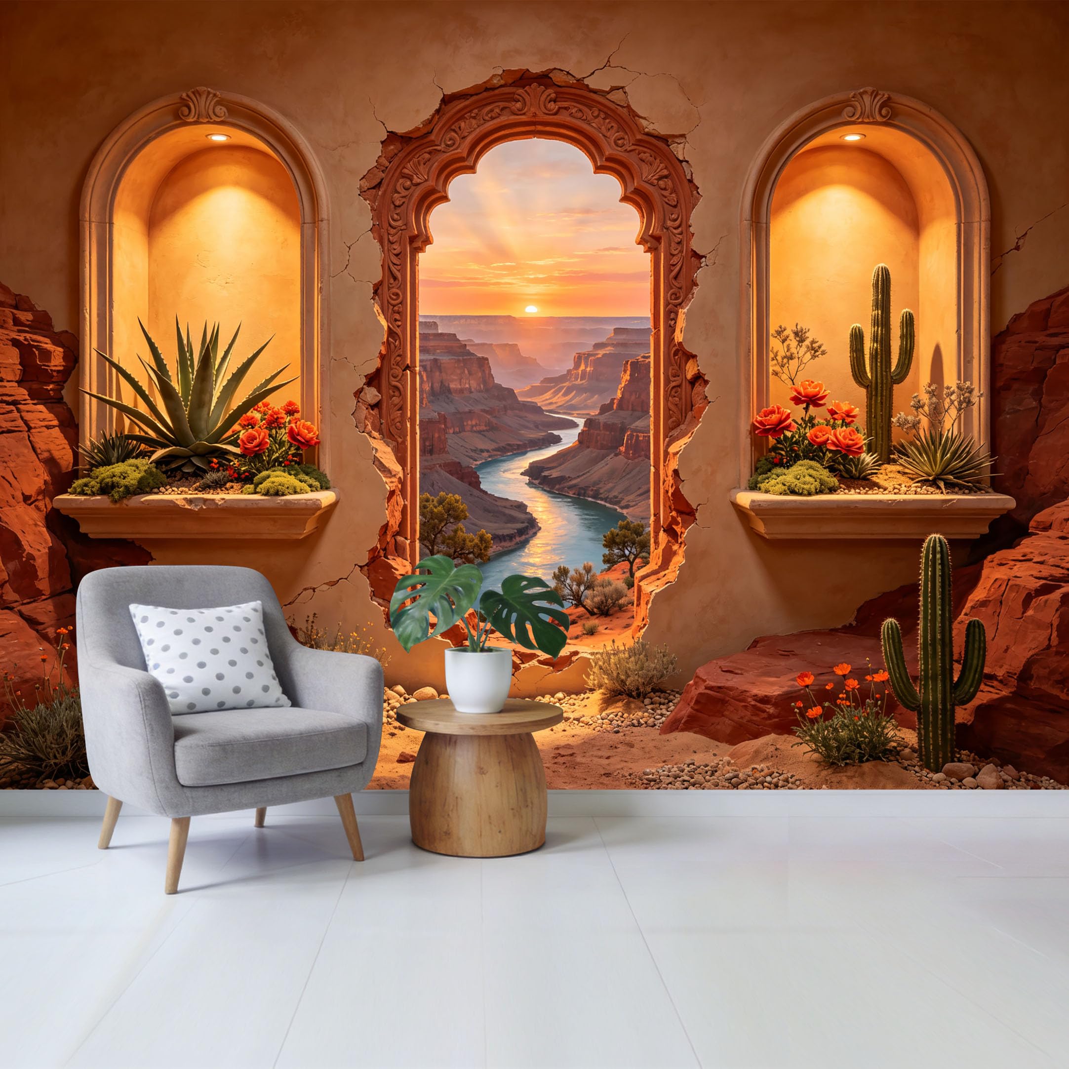 Custom Size Wall Mural Desert Canyon Sunset View with Cactus and Succulent Plants Landscape Removable Self Adhesive Fabric Home Wall Decor for Living Room Bedroom Bathroom