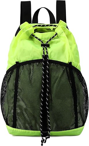 Lohol Mochila ligera de nailon con cordón y bolsillos de malla, bolsa de cuerda resistente al agua para deportes, playa, natación, campamento,