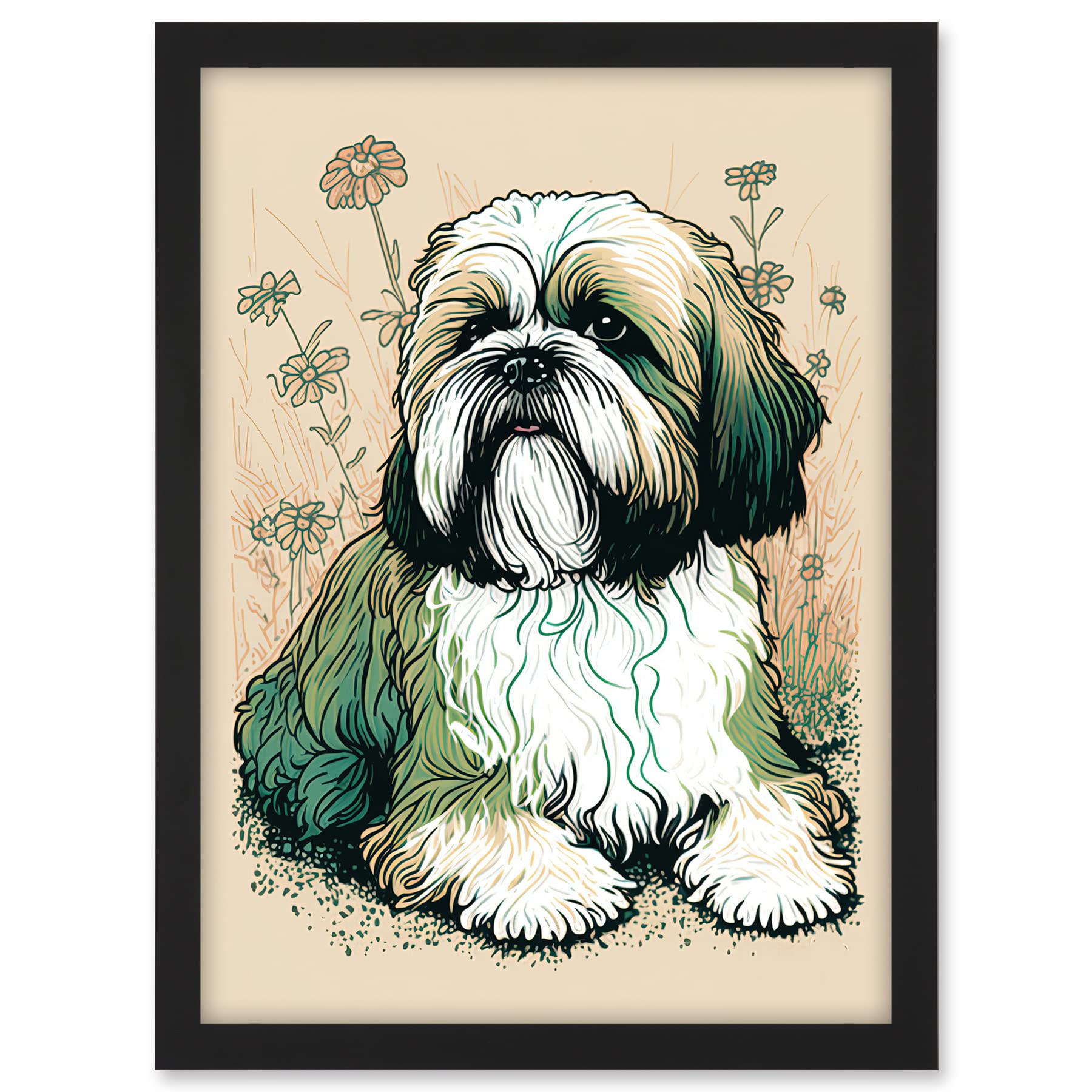 Artery8 Shih Tzu Dog with Daisies Modern Multicoloured Linocut Illustration Artwork Framed A3 Wall Art Print