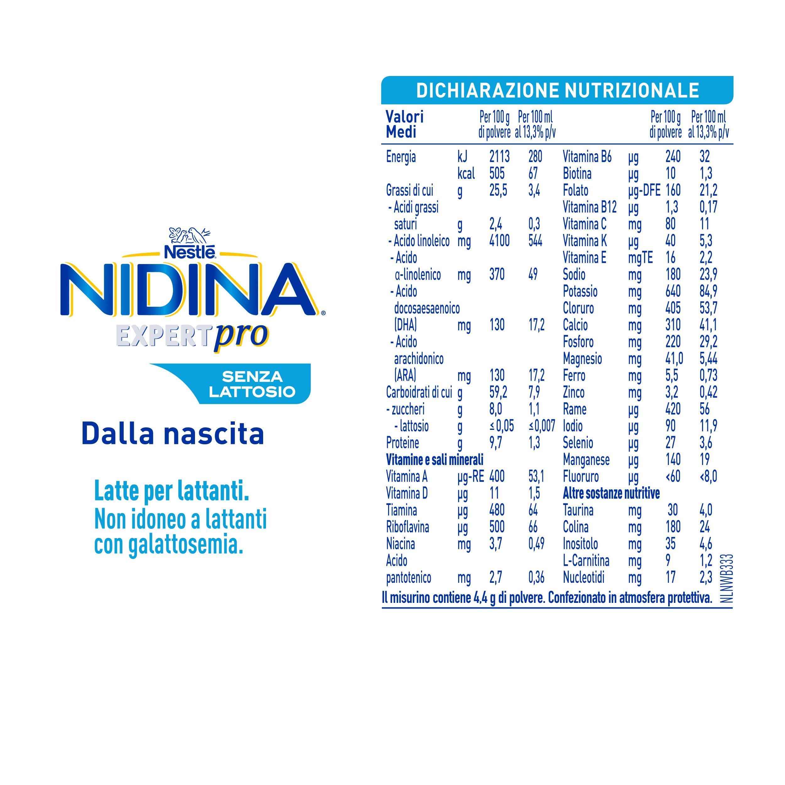 NIDINA EXPERT Pro Senza Lattosio Latte per Lattanti Polvere, Latta 400g