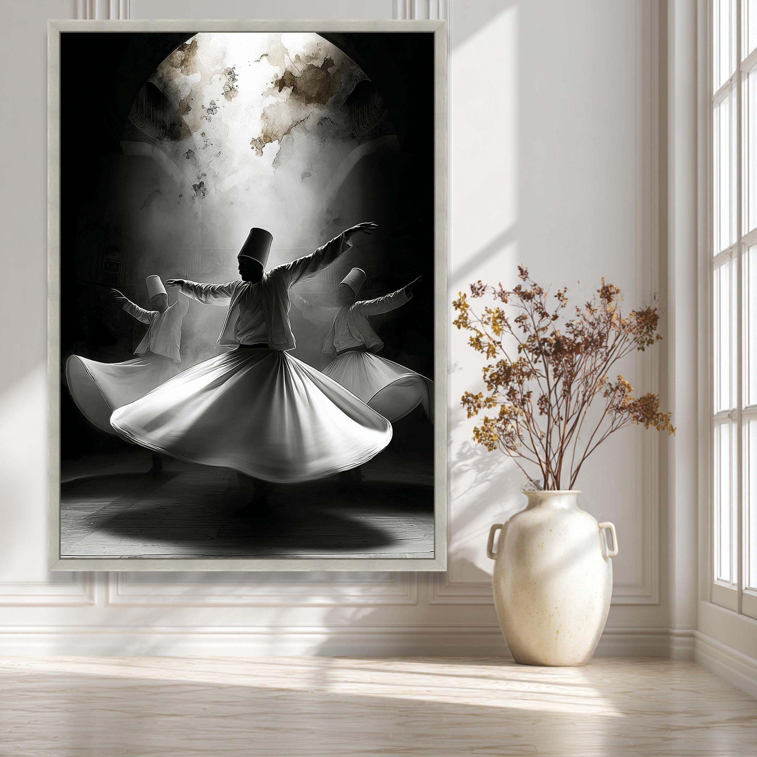 CAOXTART Whirling Dervishes Dance Artwork, Spiritual Canvas Painting, Black and White Wall Art, Ethnic Cultural Canvas Prints(70x110cm/Frameless)