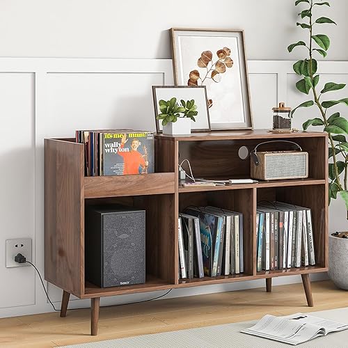 Miniatura 4 de Mid-Century - Soporte para tocadiscos con almacenamiento de vinilo para tocadiscos, mesa para tocadiscos con toma de corriente, soporte grande para