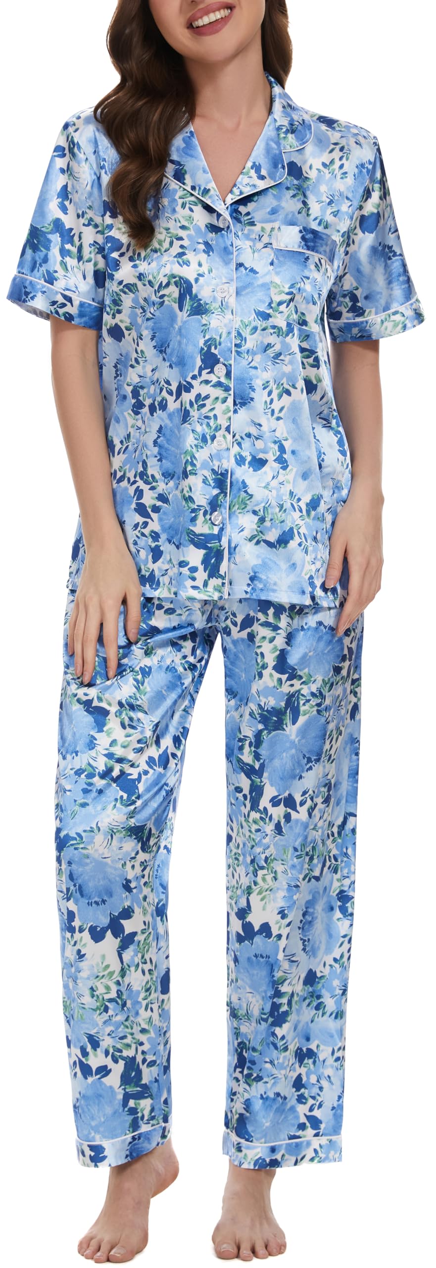 Lavenderi - Conjunto de pijama clásico de satén de manga corta para mujer, ropa de dormir suave y sedosa, cómoda y elegante, Flor azul, Small