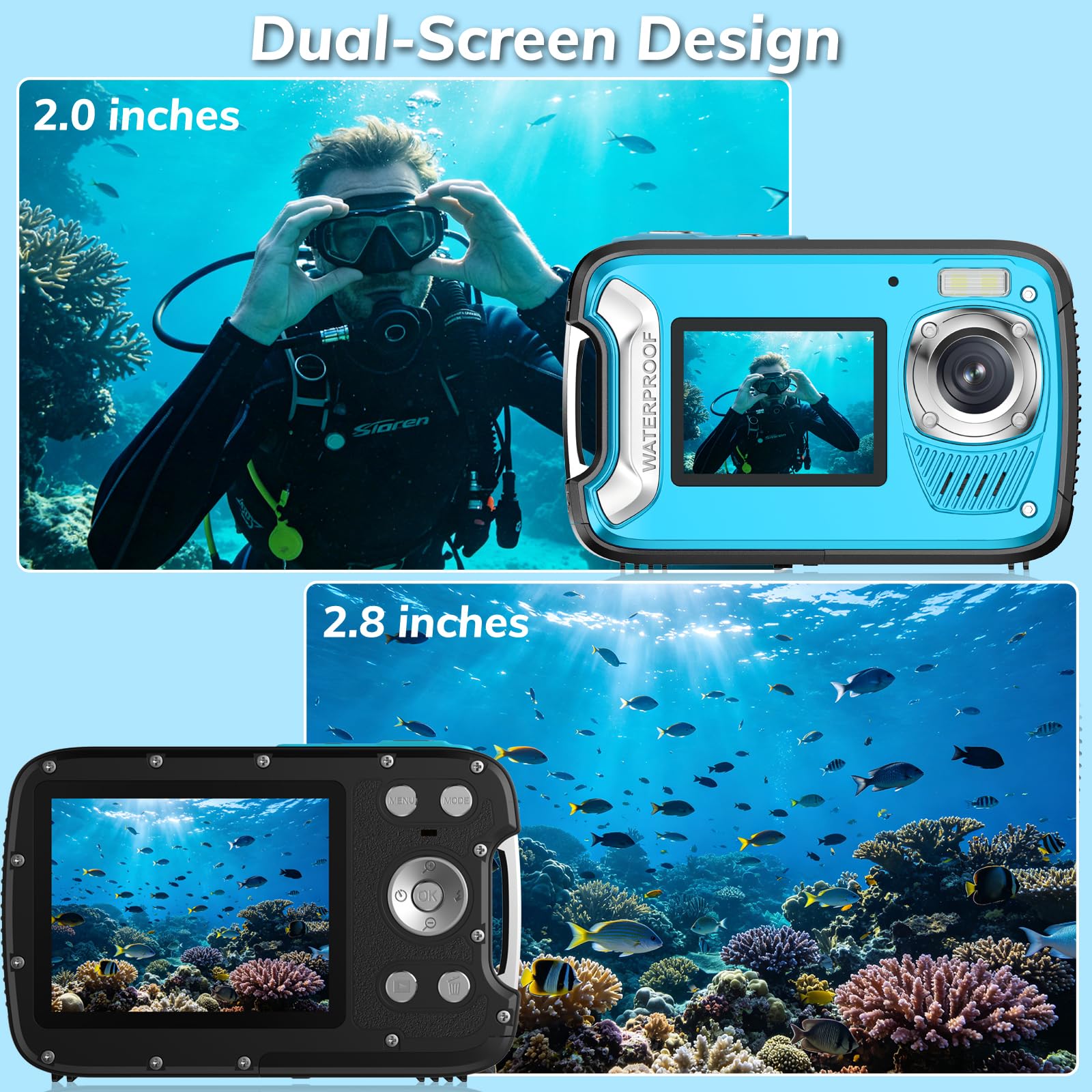 Fotocamera subacquea impermeabile 5K da 9,9 m con autofocus e doppio schermo, perfetta per snorkeling, vlogging, selfie e viaggi, facile da usare, fotocamera compatta per adolescenti, adulti e