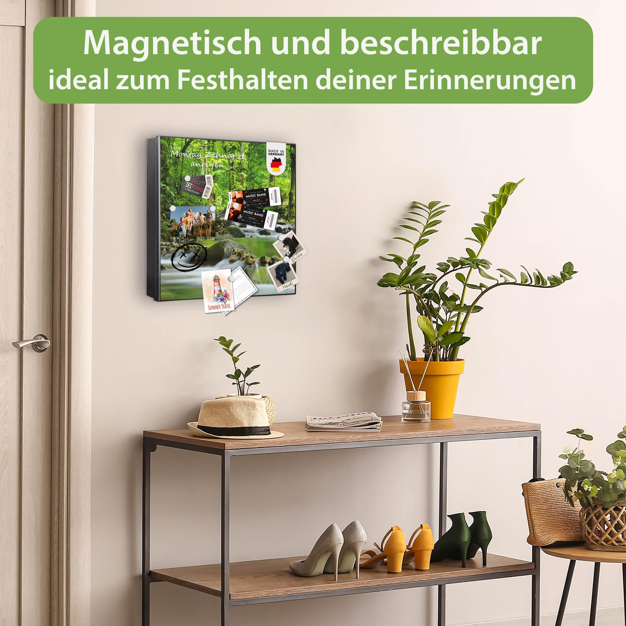 banjado Großer Schlüsselkasten Metall - Schlüsselbox 30x30cm beschreibbarer mit 32 Haken - Schlüsselkasten modern für Schlüsselaufbewahrung - Korpus Schwarz Scharnier Links - Motiv Rauschender Bach