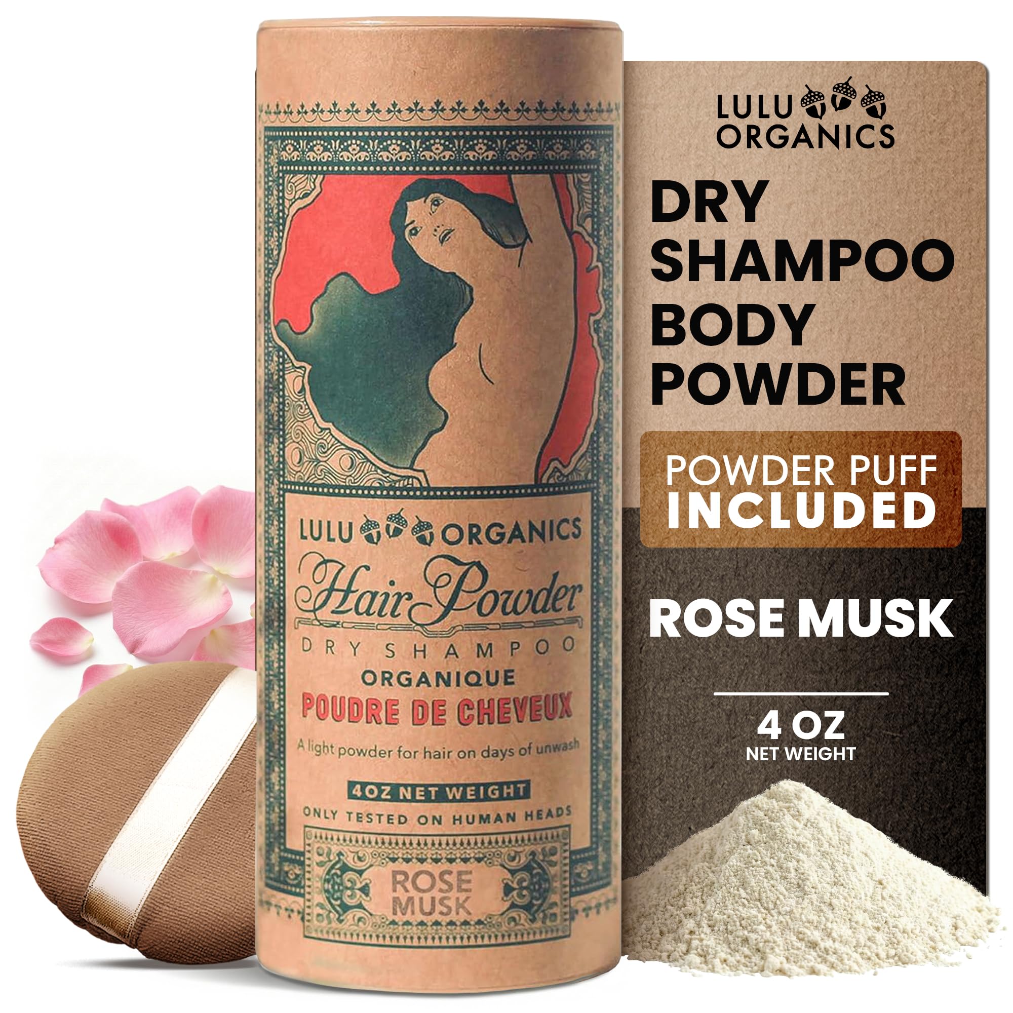 Lulu Organics Dry Shampoo Powder - Non-aerosol, Natural Dry Shampoo for Dark, Blonde or Oily Hair, Organic Body Powder, Paraben & Talc free No White