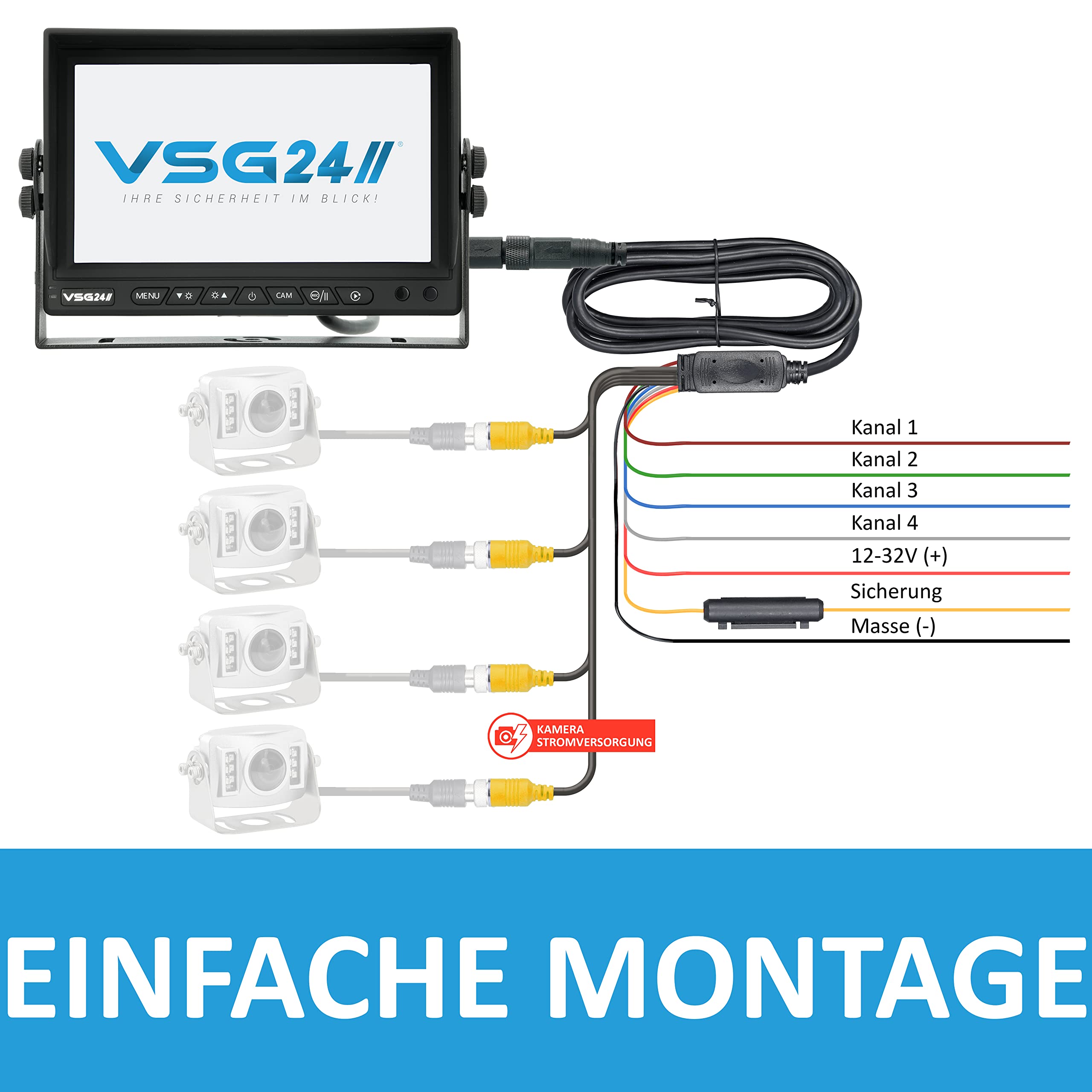 VSG24 Rückfahrmonitor MULTISCREEN HD – 1080P Monitor für Rückfahrkamera mit Split-Screen, Loop-Aufnahme, Rückspiegelfunktion, Trigger, 4 Kamera Eingänge, Einparkhilfe für Auto, LKW, Wohnmobil