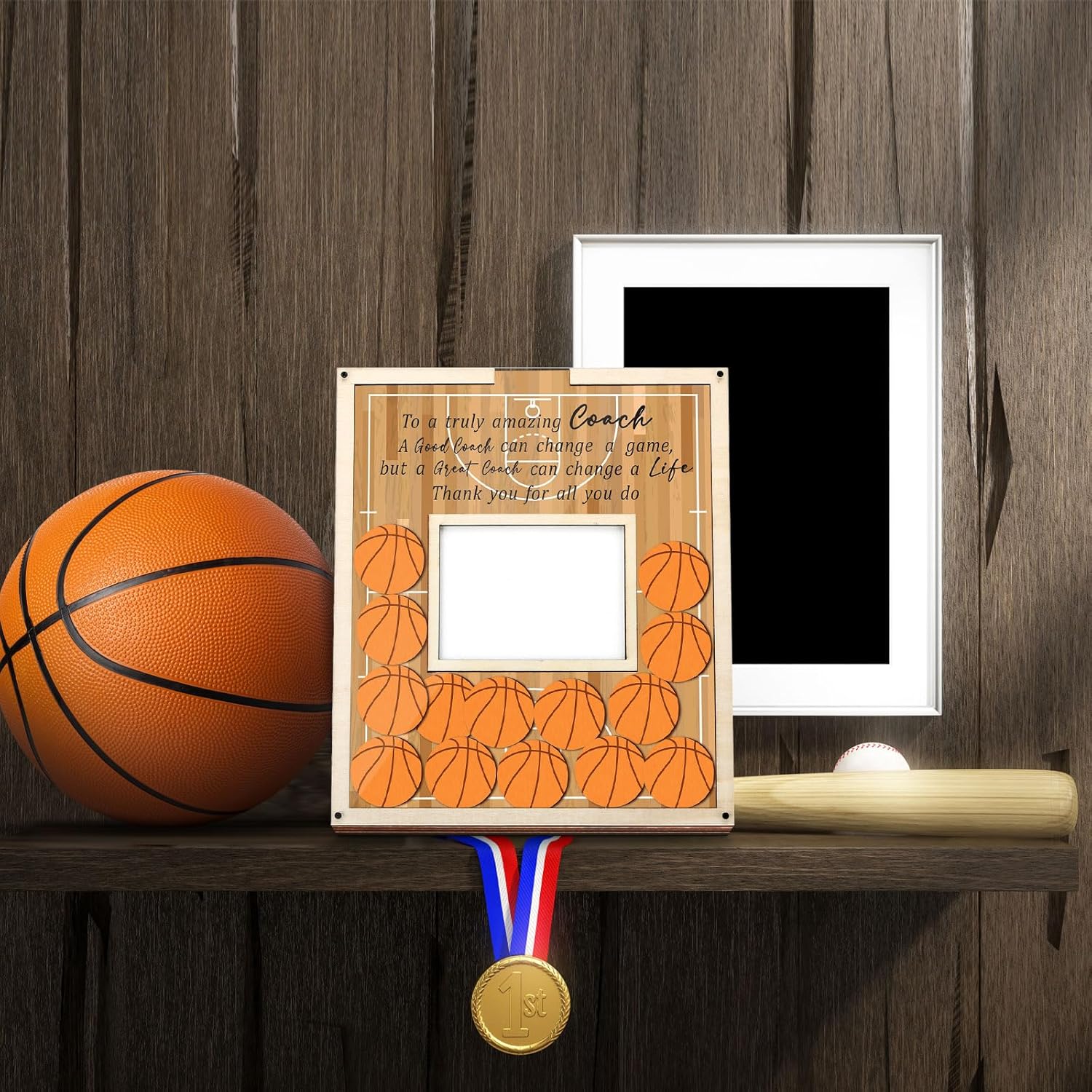 Gifts for Basketball Coach Frame with Wood Chips Signature Pen Basketball Thank You Coach Gifts Frame Decor Appreciation Sign Plate Plaque Present for Coaches Birthday Thank You Gift Idea