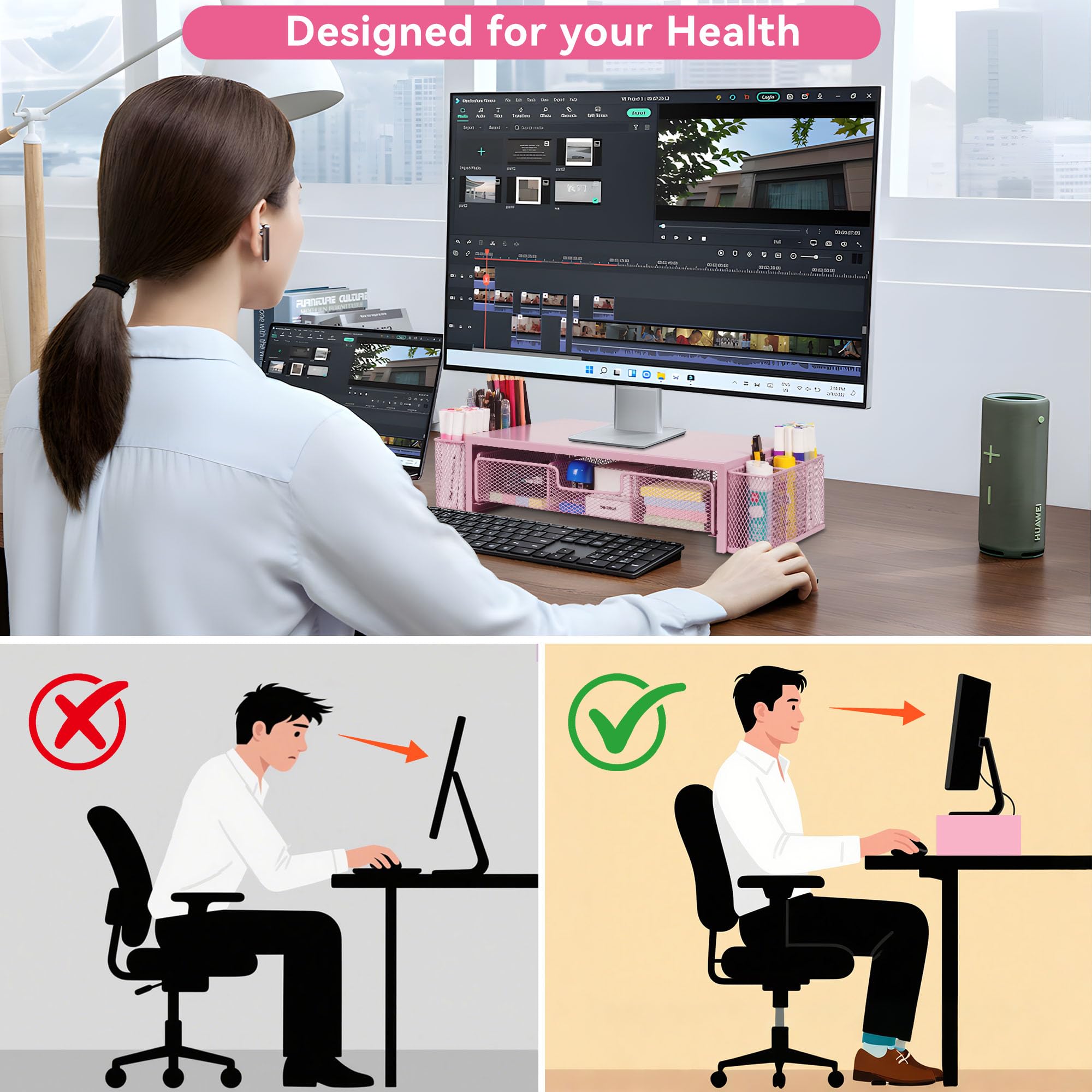 Qupui Supporto per monitor del computer con cassetto e portapenne, organizer da scrivania e accessori, accessori da scrivania per ufficio, organizzazione ufficio, rosa