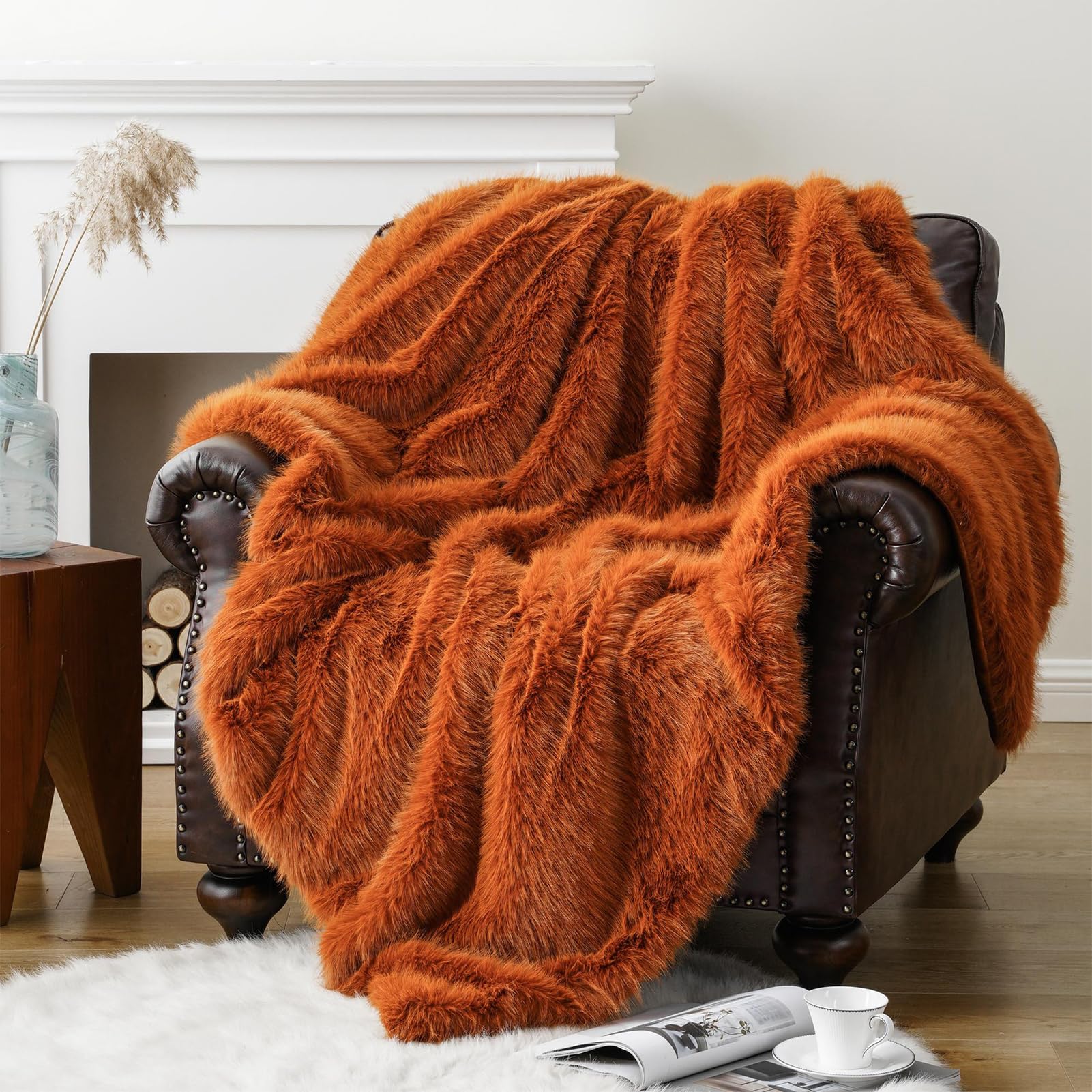 Couverture fausse fourrure douce moelleuse orange 150x200