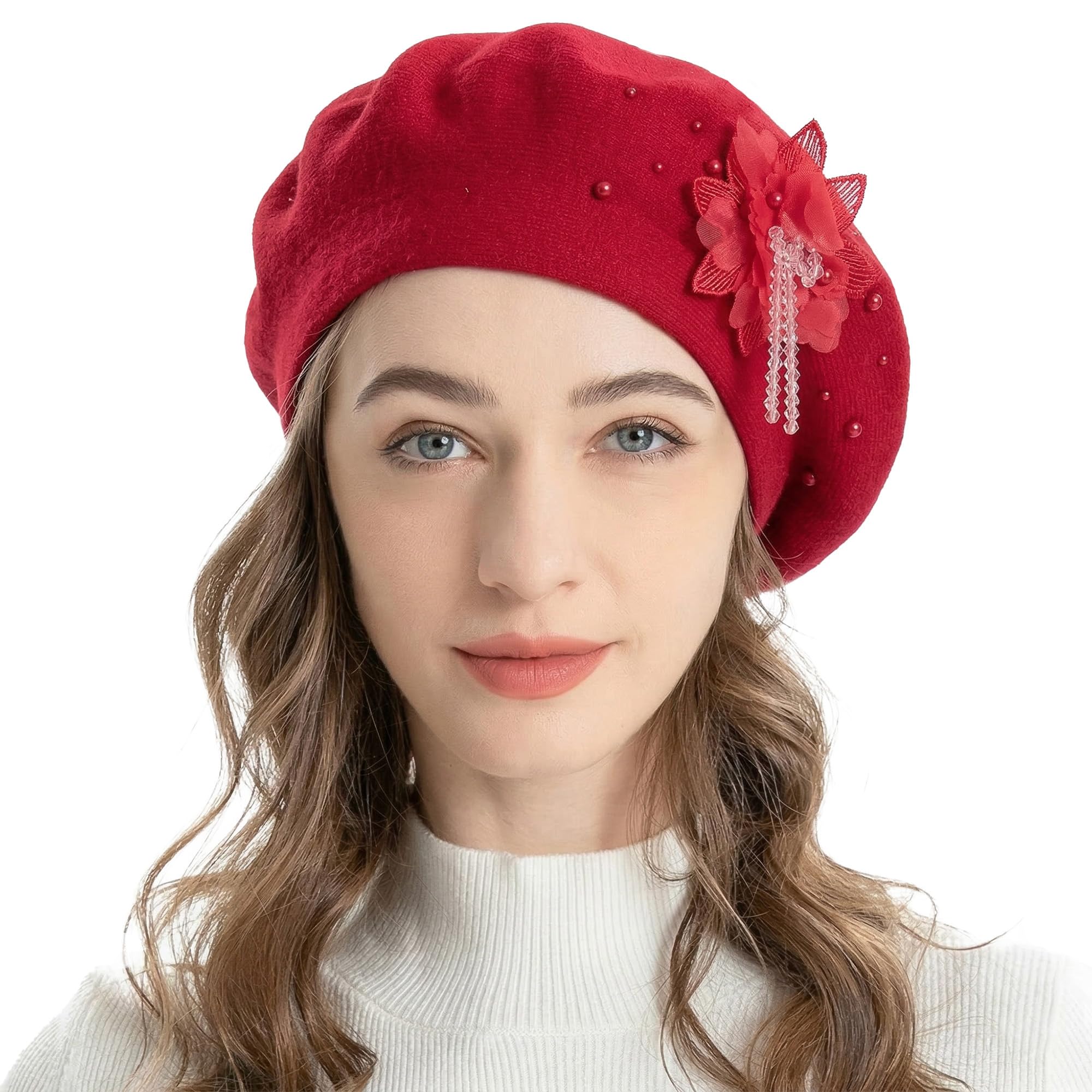 ZLYC Womens French Beret Hat Reversible Solid Color Cashmere Mosaic Warm Beret Cap(Flower Pendant Red),One Size