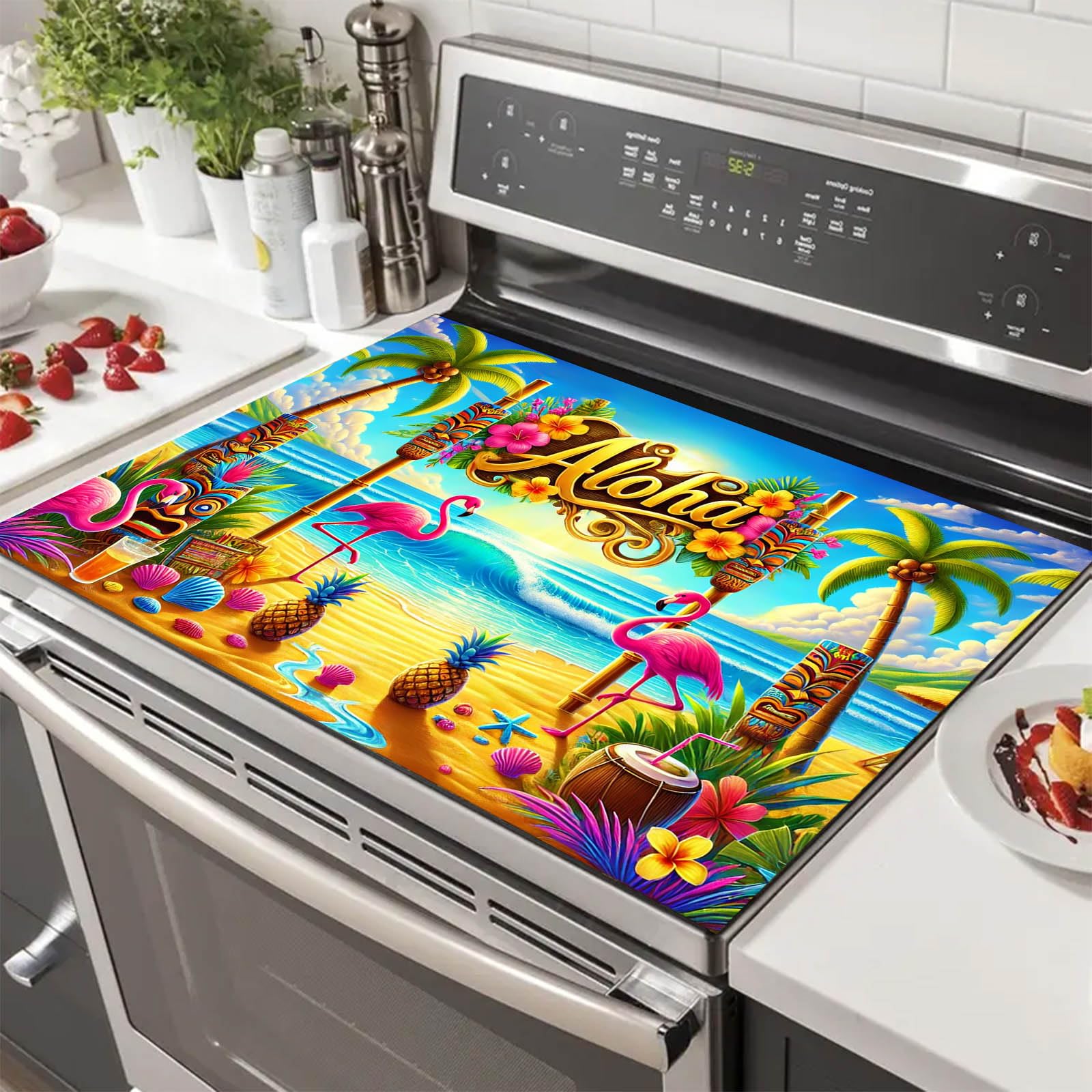 HOMETITUTE Summer Stove Top Cover 28x20 Tropical Aloha Flamingo Heat Resistant