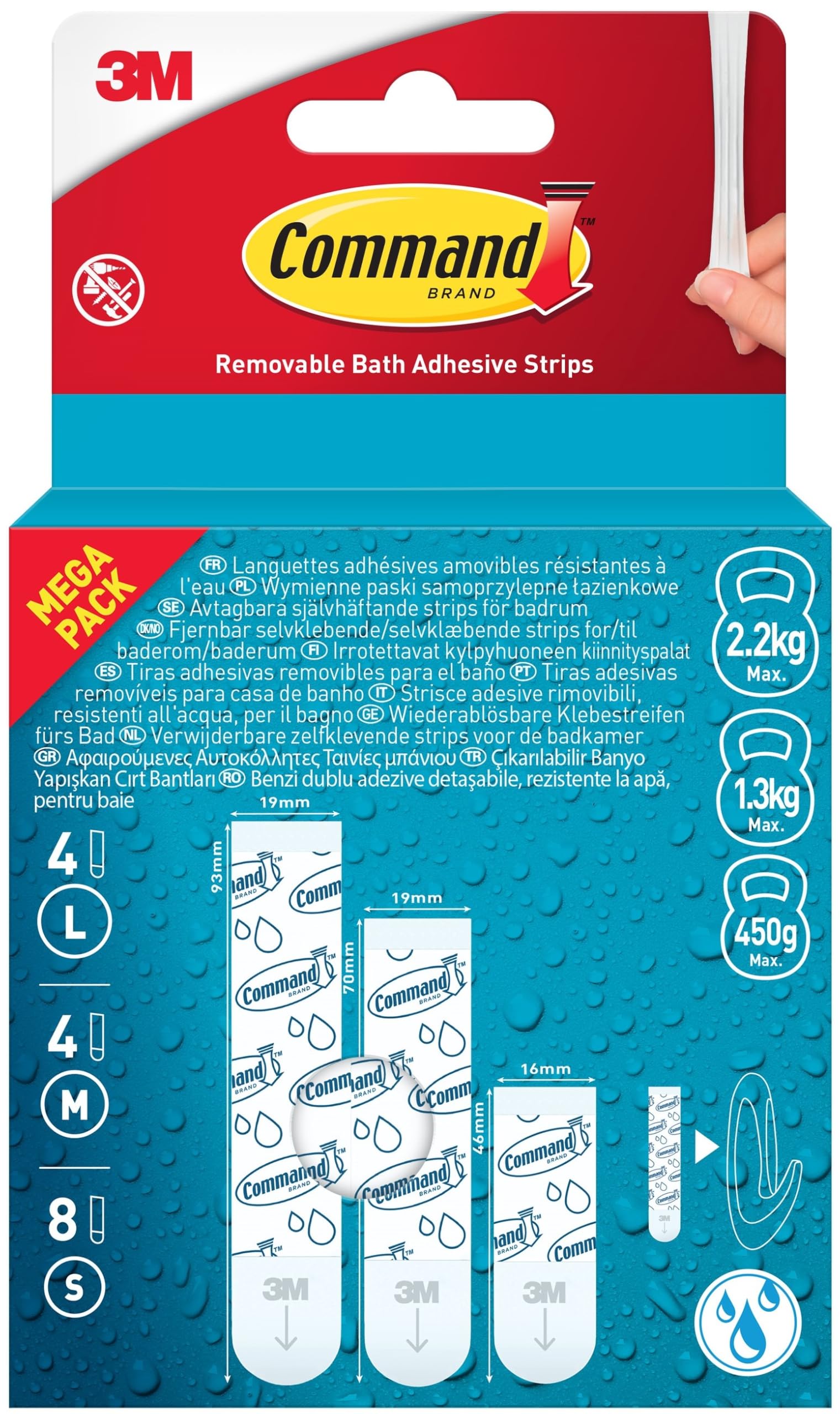 Command White Removable Bath Adhesive Strips, Pack Of 8 Small, 4 Medium, 4 Large Strips, Water Resistant - Damage Free Hanging - No Tools Required