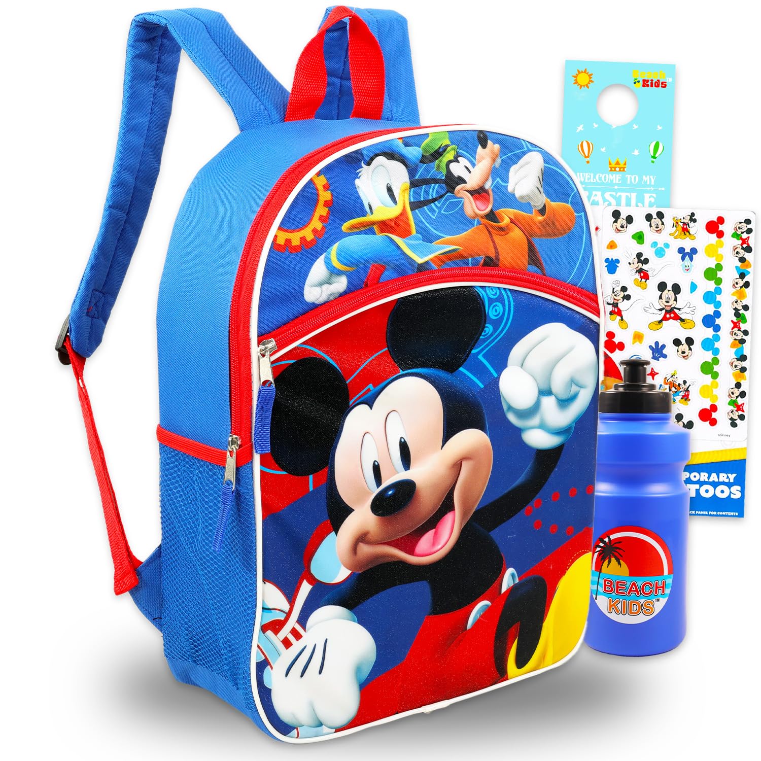 Disney Mickey Mouse Backpack for Boys - Bundle with 16” Canvas Mickey and Friends Backpack with Water Bottle, Tattoos, More Backpack Set for Kids, Toddlers