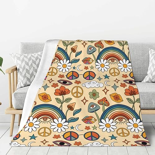 Manta retro de los años 70 con diseño floral de hongos hippie de los años 70, manta suave de franela, acogedora y ligera, regalos de felpa para